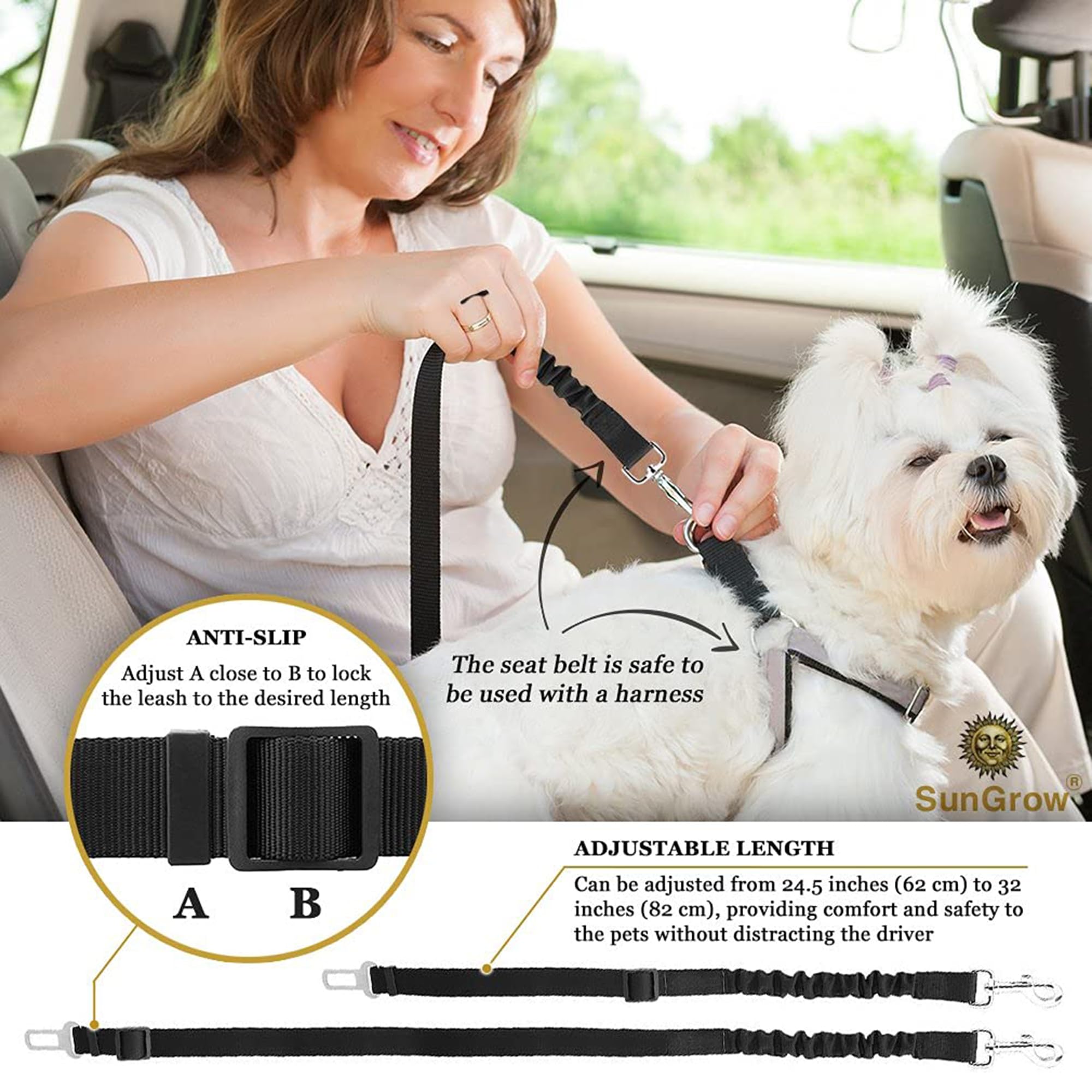 Sungrow Elastic Nylon Ferret Seat Belt, 24    - 36   , Adjustable Black Harness, Elastic Tether With Metal Buckles, 2 Pcs Per Pa