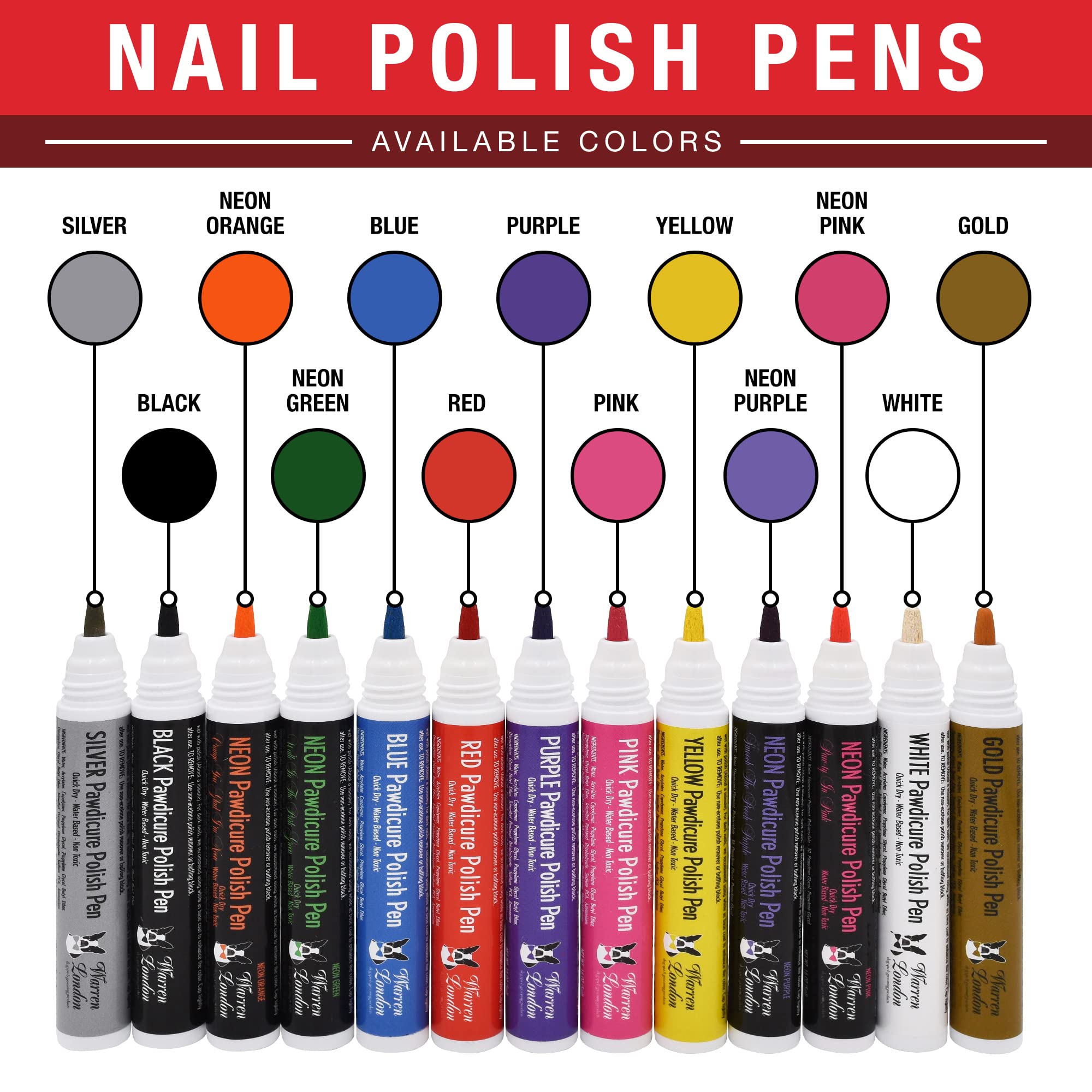 Warren London Pawdicure Dog Nail Polish Pens | Made In Usa | Quick Dry, Low Odor, Non-Toxic Dog Accessories | Ideal For Dog Birthday, Dog Costume | Dries In Under 1 Minute | 13 Colors | Red