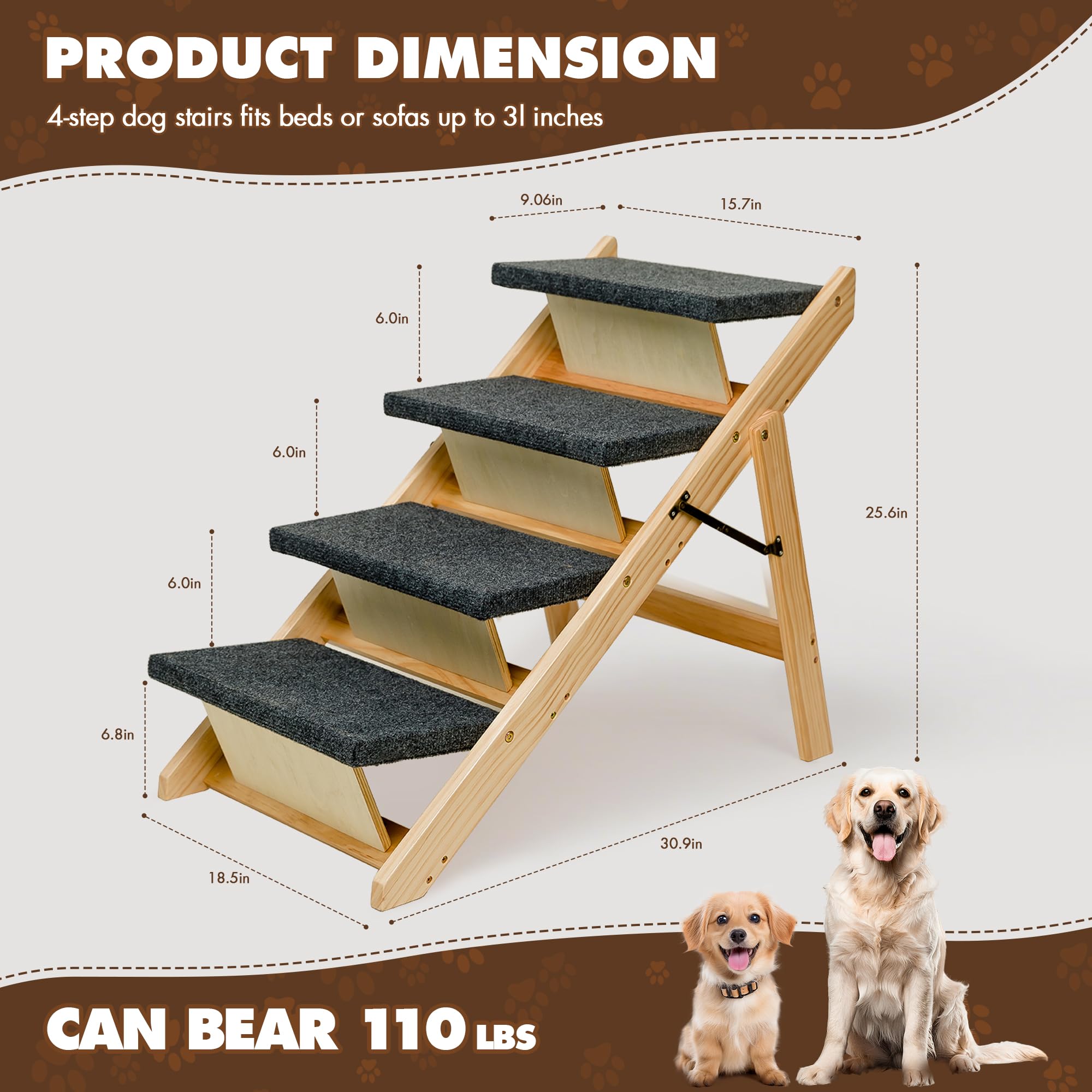 Chicfurnit Wooden Dog Stairs, 4-Level Wooden Pet Steps, Foldable Pet Ladder For High Bed Couch Cars, Non-Slip Pet Stairs For Sma