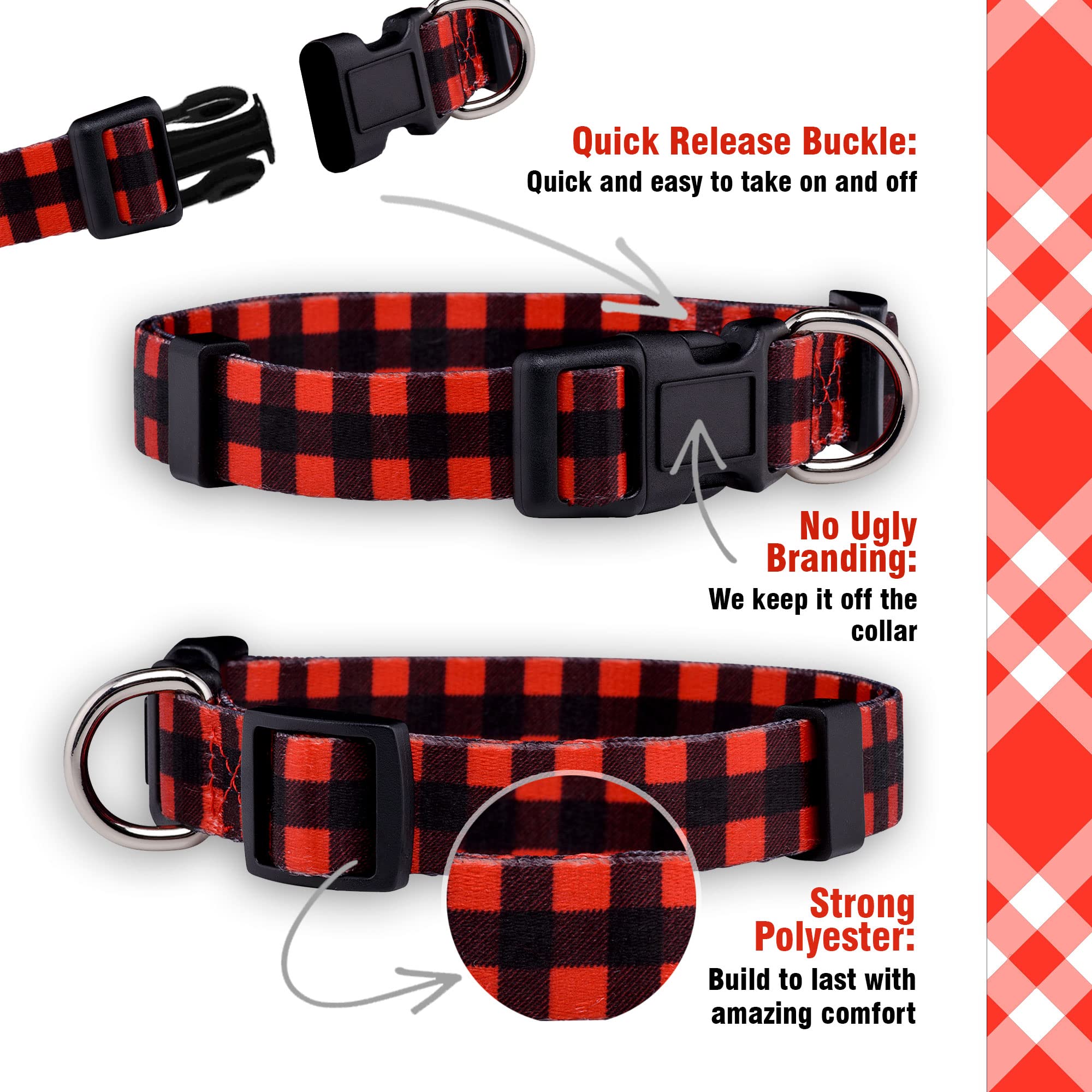 Native Pup Plaid Dog Collar, Red Lumberjack, Tartan, Blue, Pink Adjustable for Large, Small Dogs (Red, Small)