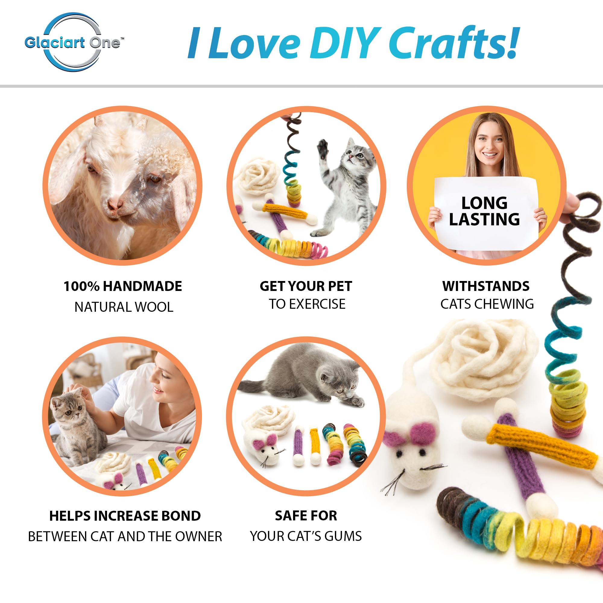 Glaciart One Indoor Catnip Cat Toy Pack - 5Pc | Kitty Toys Include Wool Springs, Swabs & Mouse | For Activity, Exercise & Play |