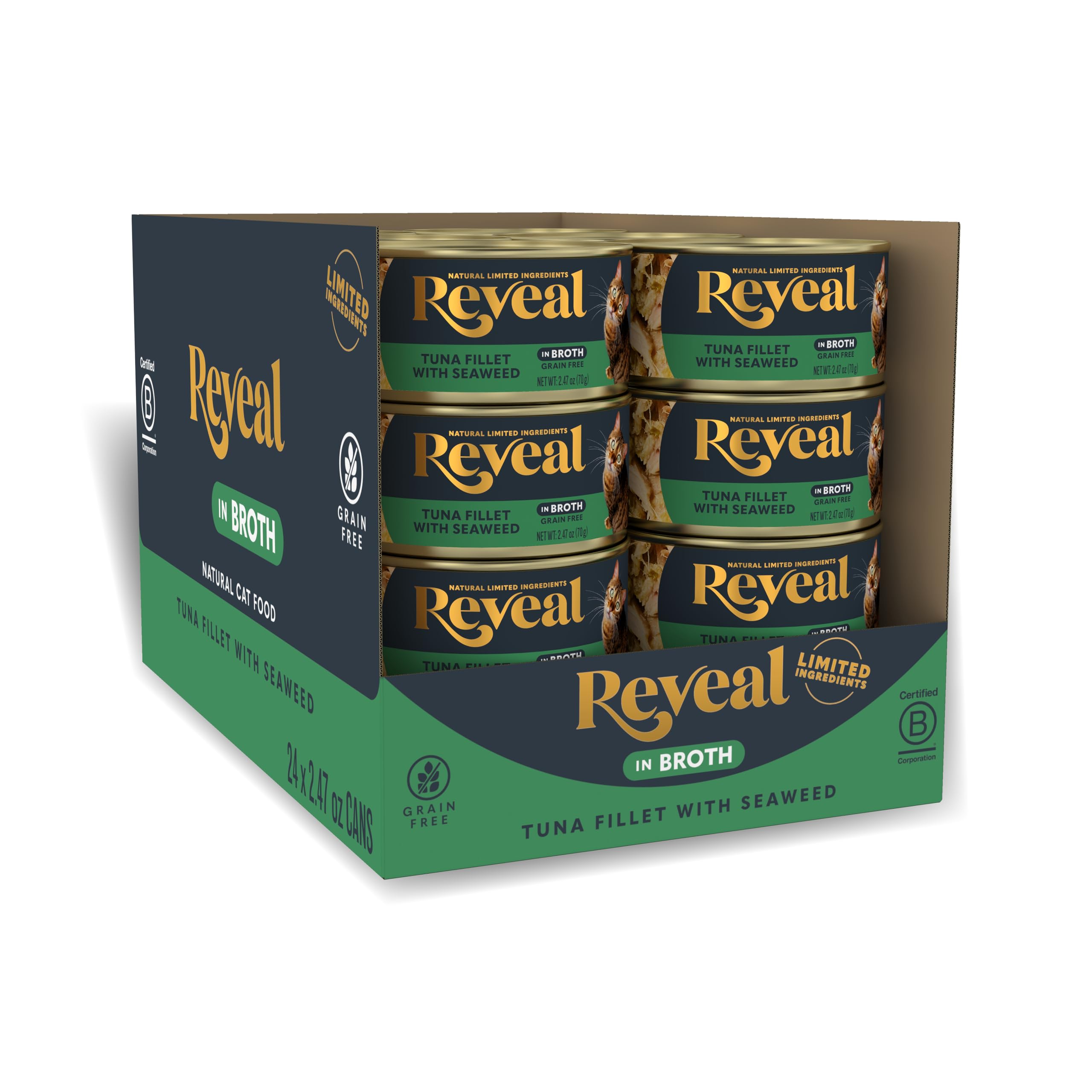 Reveal Natural Wet Cat Food, 24 Count, Grain Free, Limited Ingredient Canned Food for Cats, Tuna with Seaweed in Broth, 2.47 oz 