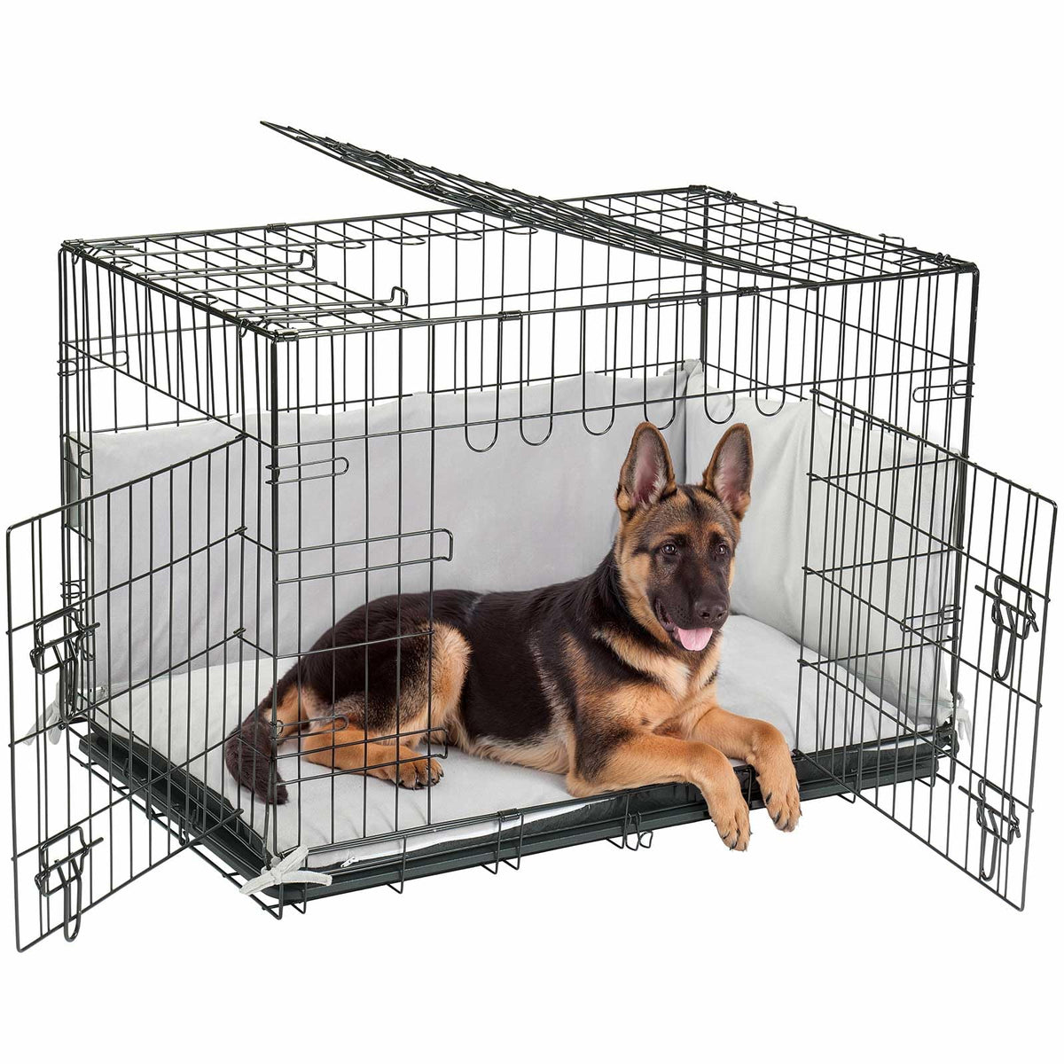 Veehoo 42 Inch Dog Crates For Large Dogs With Bumper-Three Doors Folding Metal Wire Dog Crate Cage, Indoor Outdoor Large Dog Cra