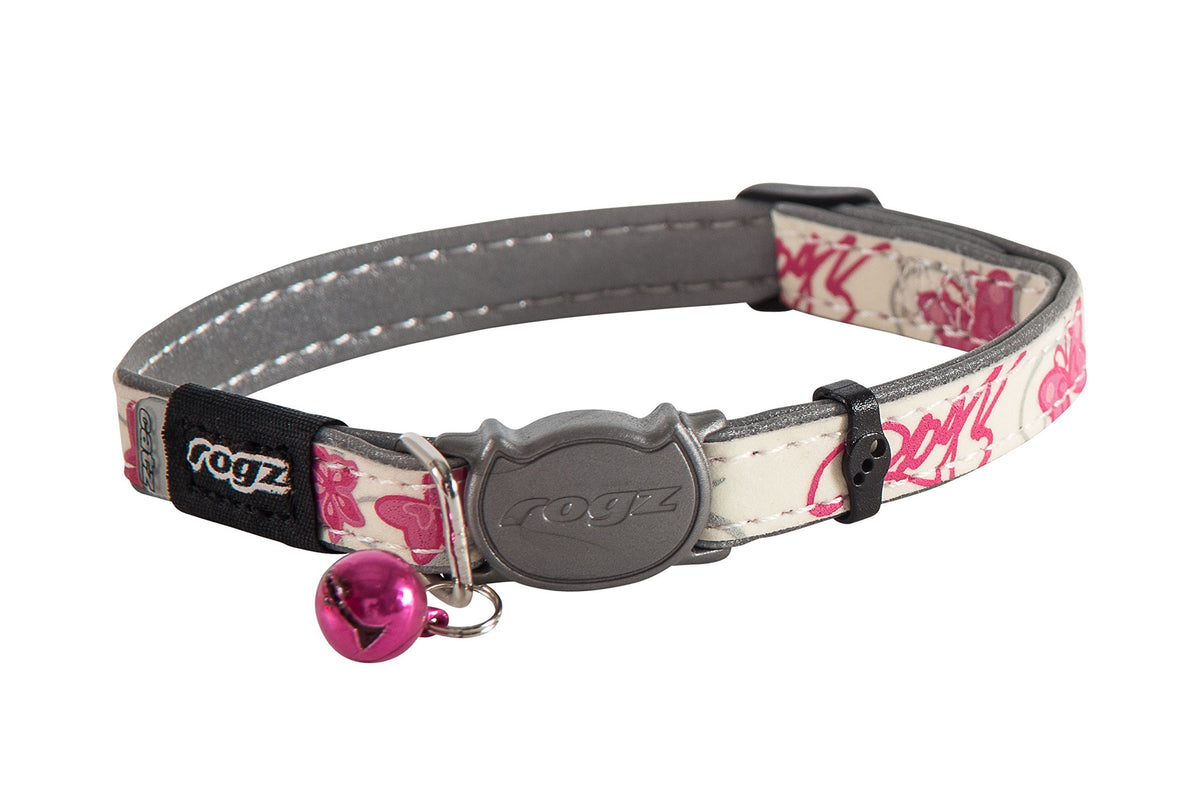 Rogz Cb09-K Glow In The Dark Reflective Cat Collar With Breakaway Clip And Removable Bell, Fully Adjustable To Fit Most Breeds, Pink Butterfly Design