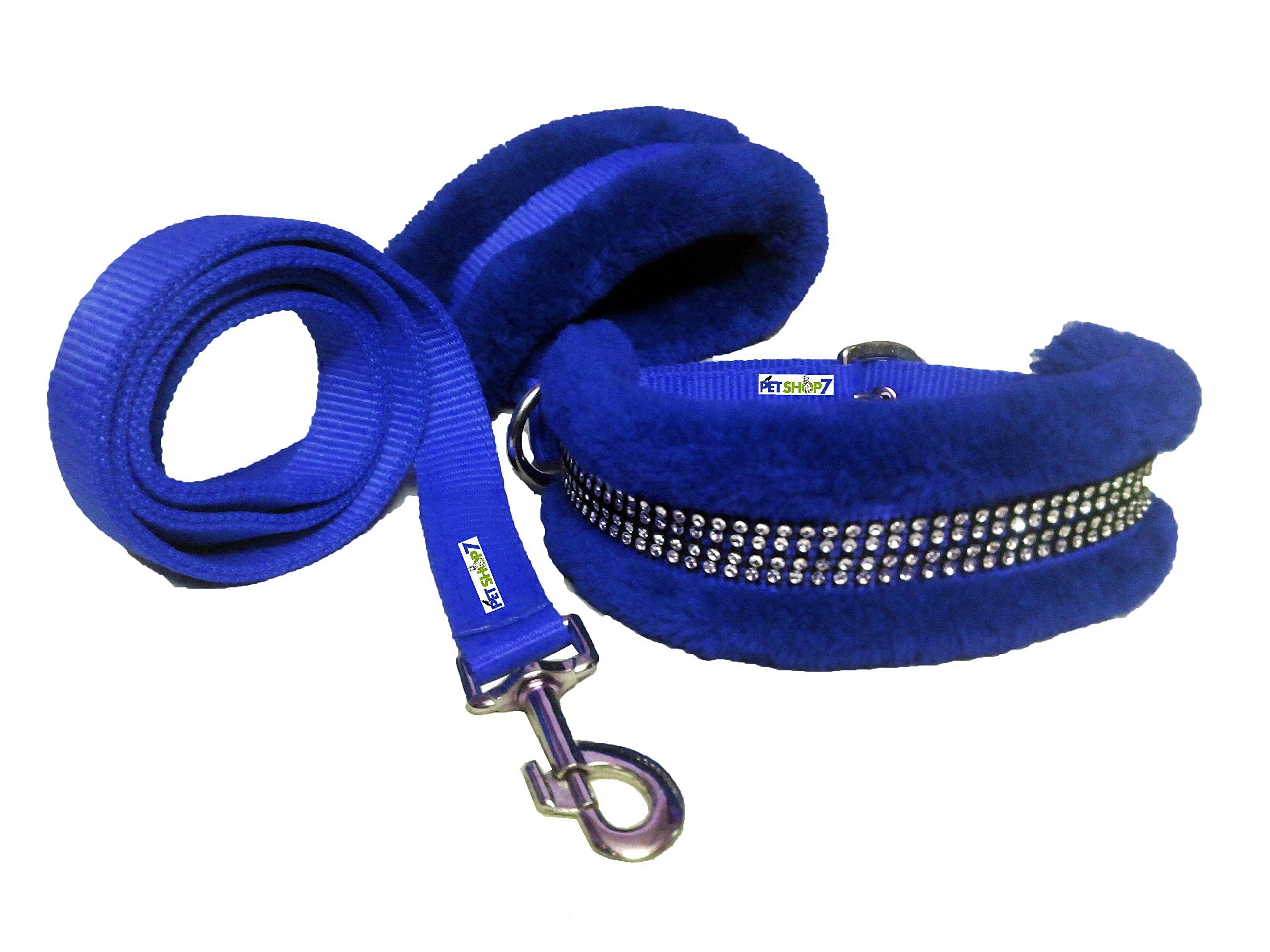 Petshop7 Nylon Nug Fur Padded Dog Collar & Dog Leash  Medium (Adjustable Neck Size : 1417Inch) Blue