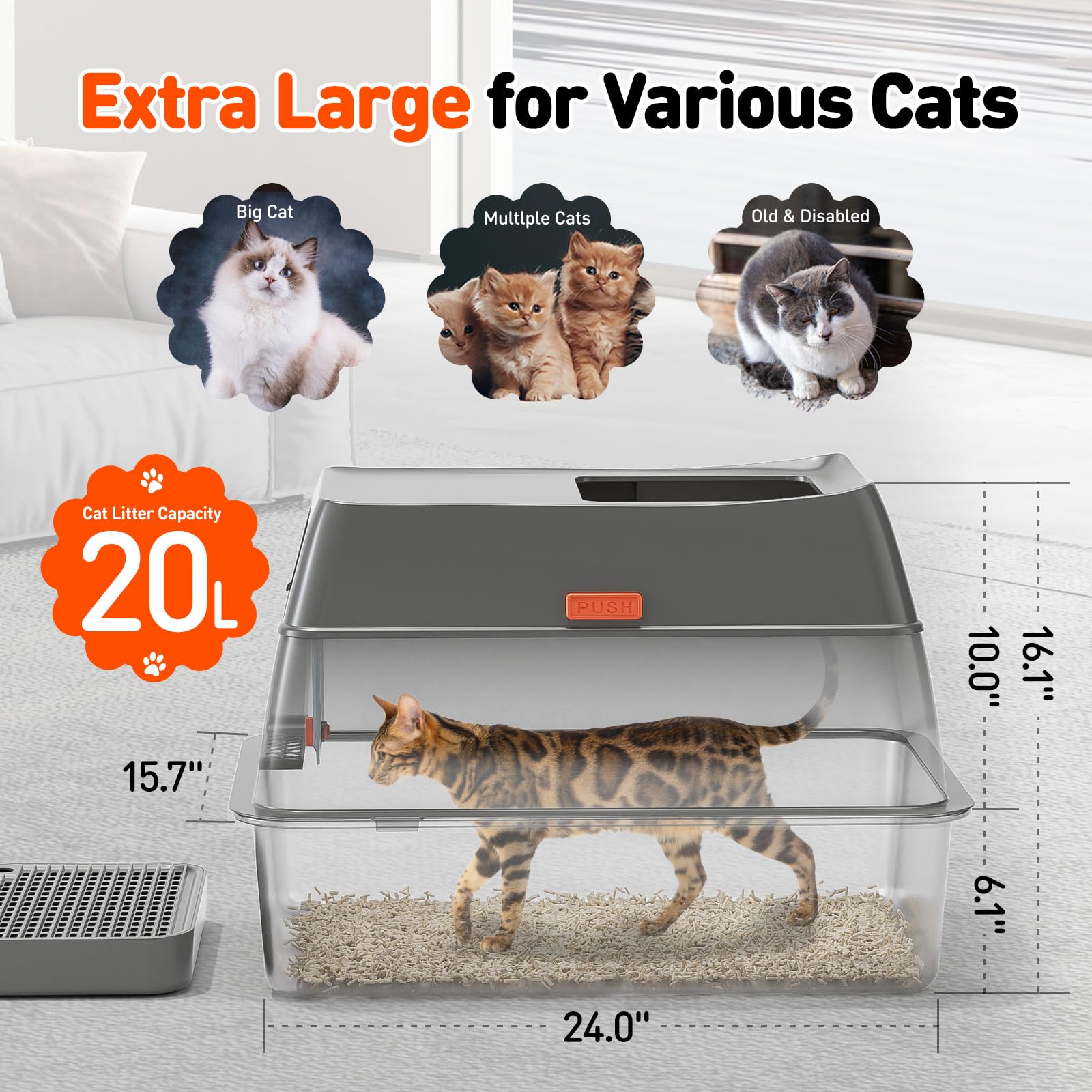 3 In 1 Premium Stainless Steel Cat Litter Box With Removable Lid, Enclosed Xl Extra Large High-Sided Metal Box For Big Kitty Wit
