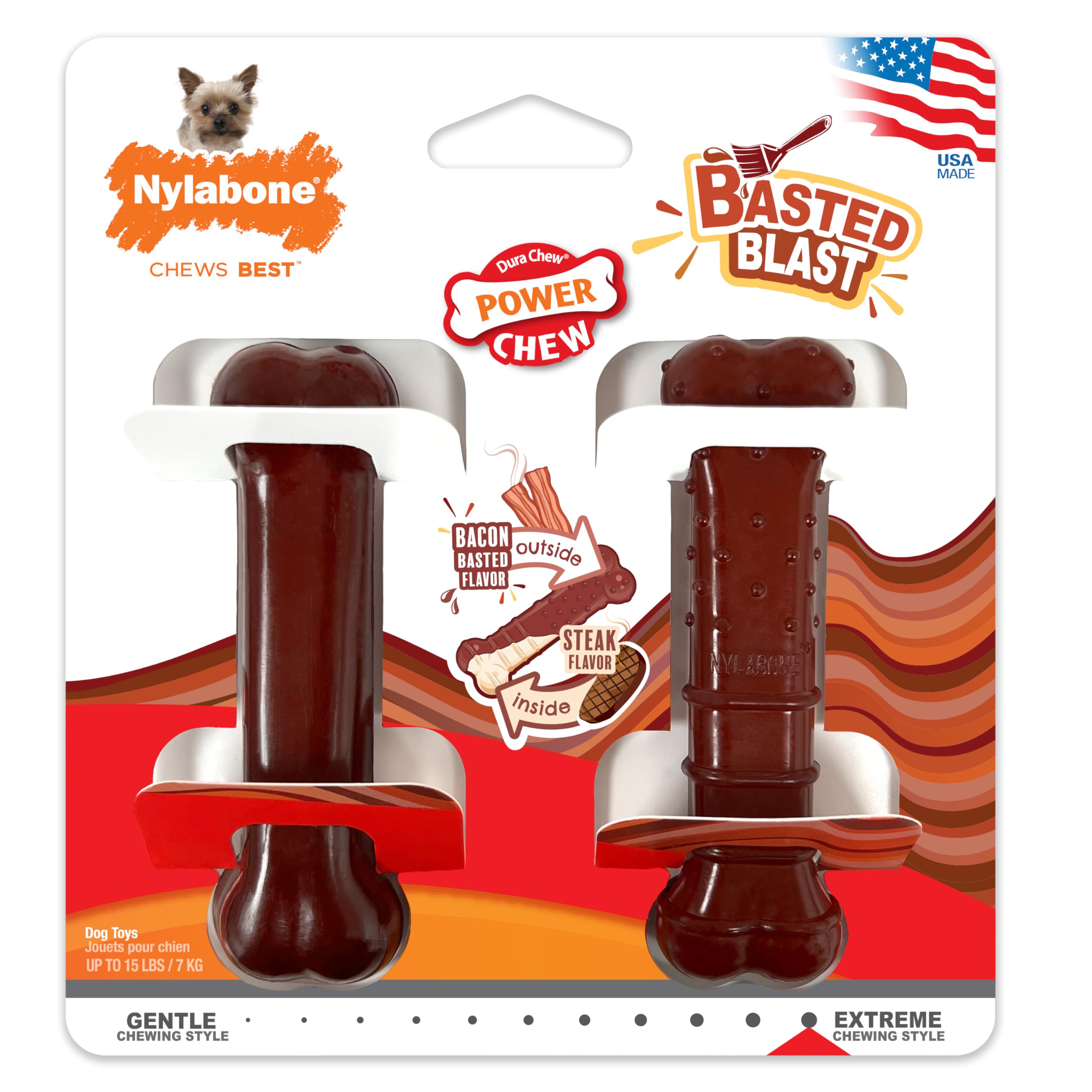Nylabone Power Chew Classic Bone Chew Toy For Dogs, Durable Dog Toys For Aggressive Chewers, Basted Blast Bacon And Steak Flavor, X-Small/Petite (2 Count)