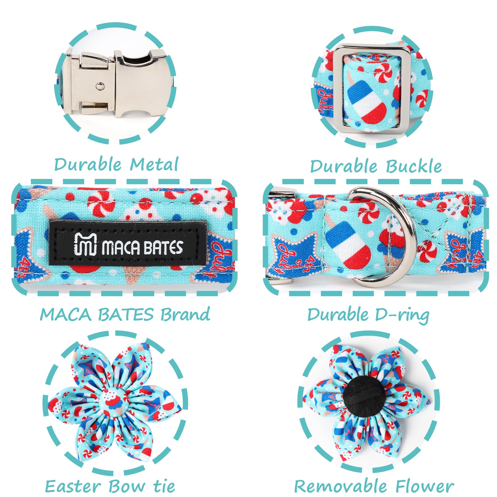 Maca Bates American Flag 4Th Of July Dog Collar With Flower Bow 4 Of 7 For Dogs Adjustable Durable Icecream Patriotic Usa Collar
