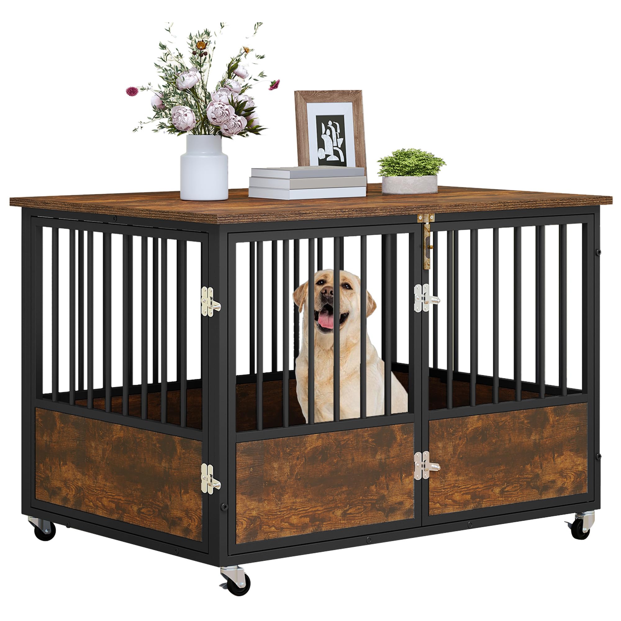 YITAHOME 43 Dog Crate Furniture with Wheels, Wooden Side End Table, Double-Doors Dog Kennel Indoor for Small/Medium/Large Dogs, 