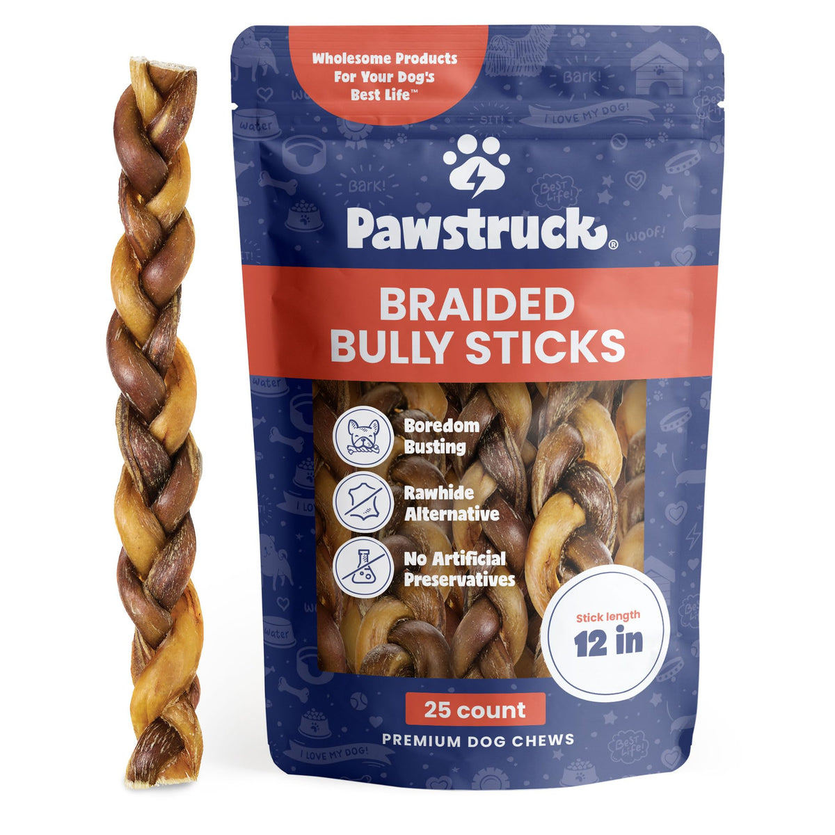 Pawstruck Natural 12” Braided Bully Sticks For Dogs - Tough, Long-Lasting, Rawhide-Free, Low Odor, Healthy Single Ingredient Chew Treat For Aggressive Chewers - 25 Count - Packaging May Vary