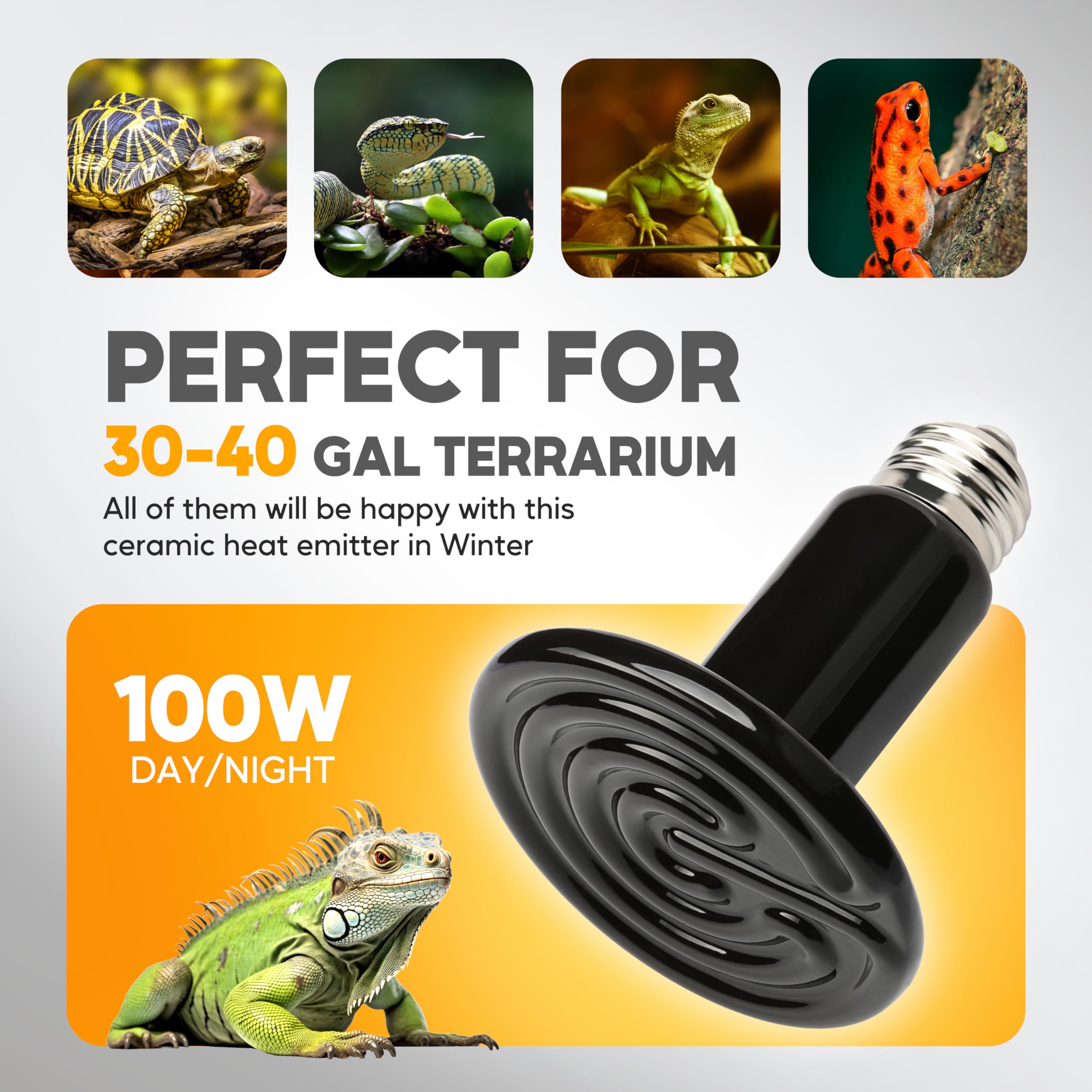 HealSmart 100W Reptile Heat Lamp Ceramic Heat Emitter, No Light Emitting Heat Bulbs, Suitable for Snake/Lizard/Spider, Plant Gro