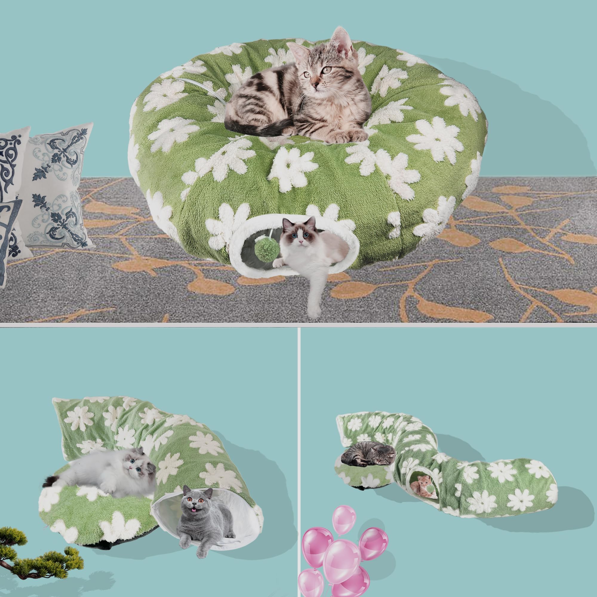 Cat Play Tunnel With Washable Cushion Bed, Round And S-Shape Malfunction Cat Tube Donut Tunnel Cave For Cats/Puppy/Kitten/Rabbit