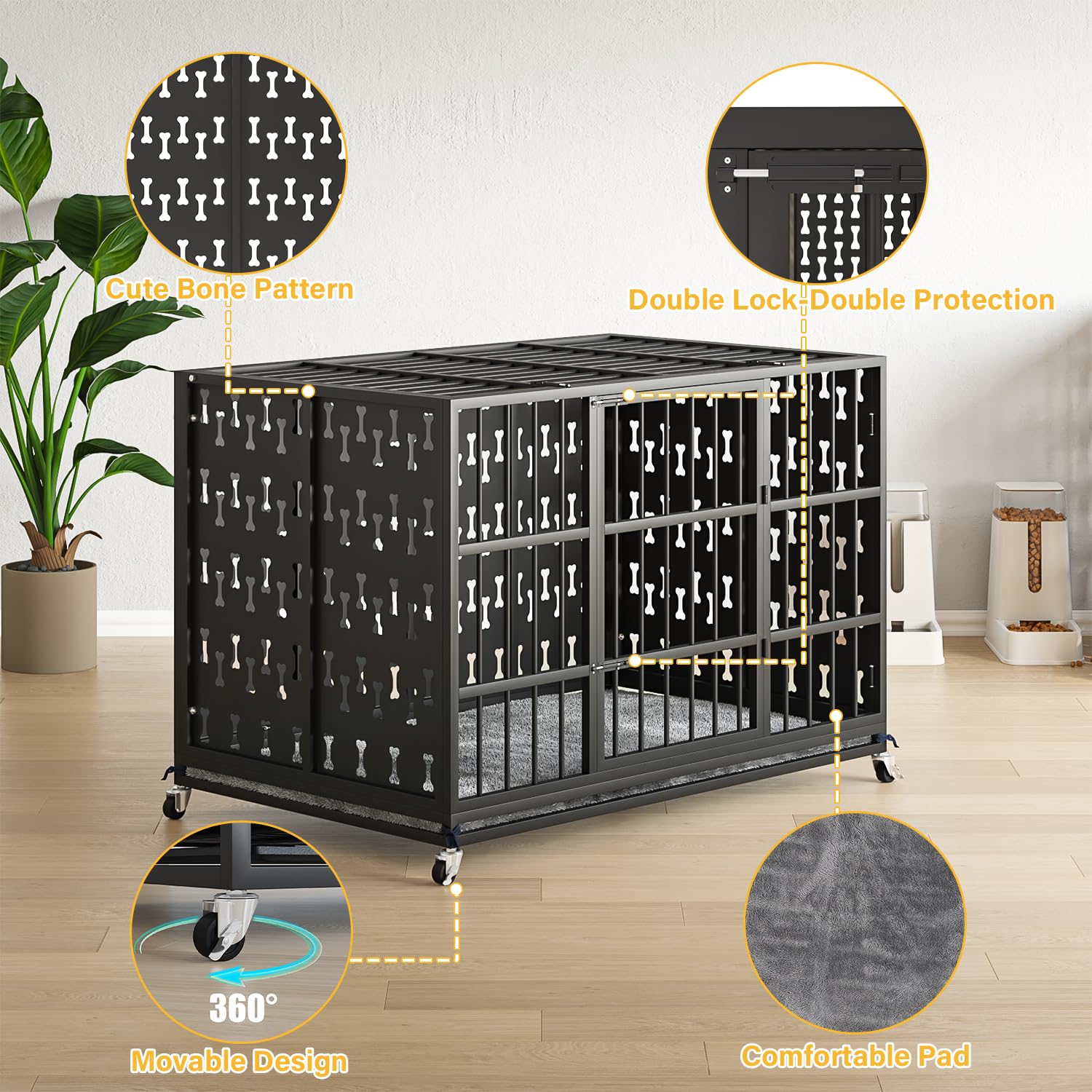 Tornivk 48 Inch Large Dog Crate with Soft Pad Indestructible Heavy Duty Steel Dog Crate Modern Bone-Shaped Pattern Big Removable