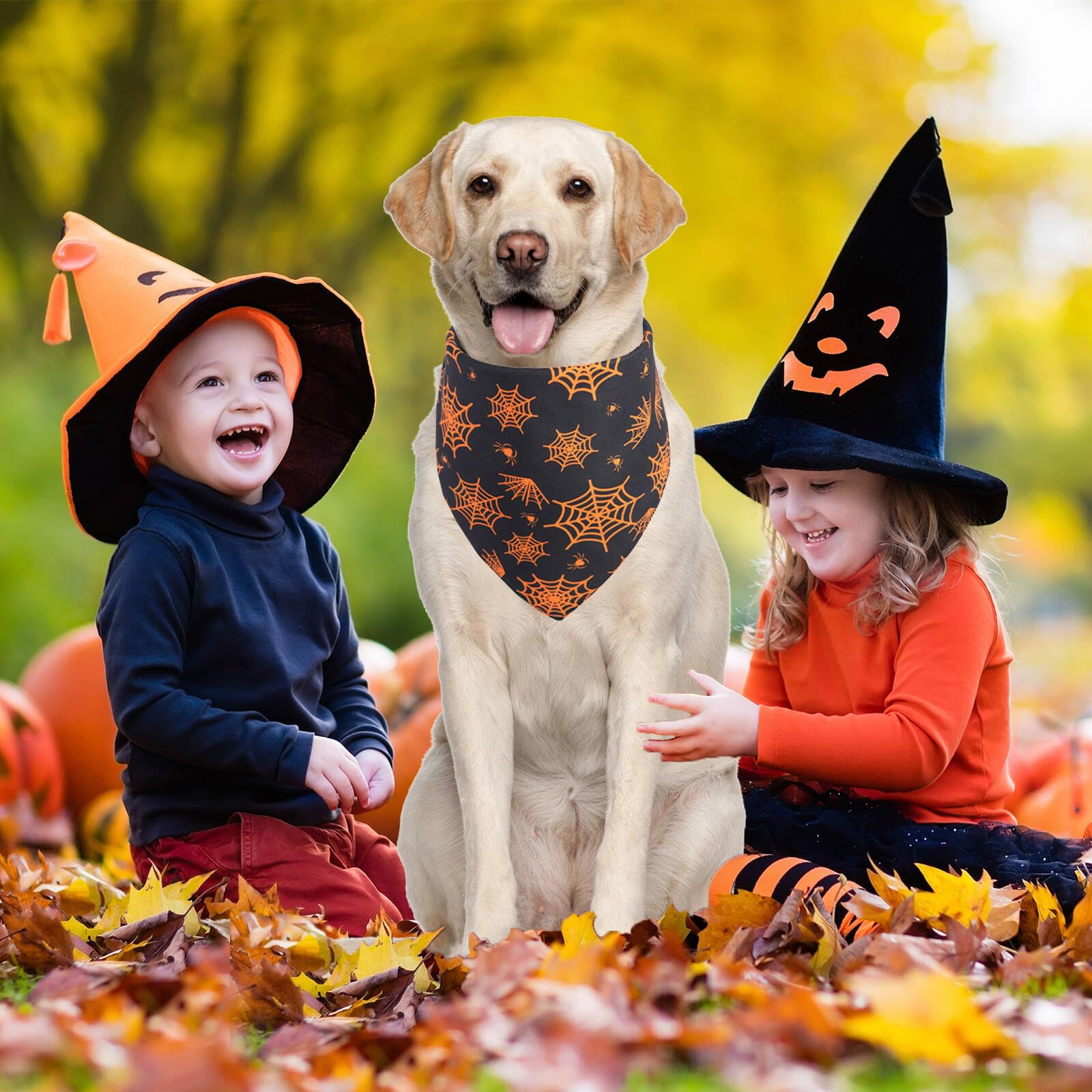 Gofshy Halloween Dog Bandanas Large 2Pcs, Reversible Triangle Dog Scarfs With Pumpkin, Spide, Bat, Ghost, Fall Puppy Bandanas Bi