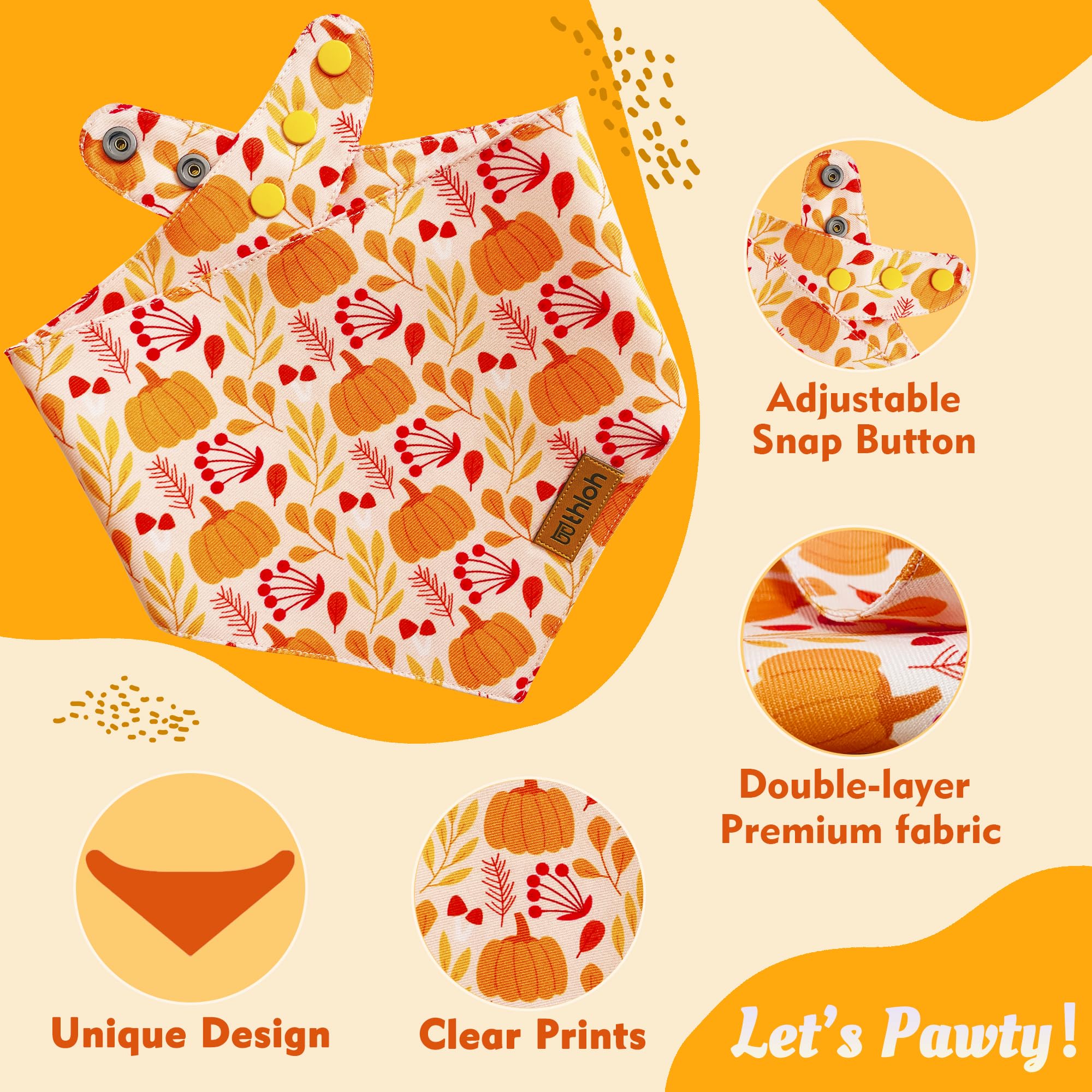 Thloh Fall Dog Bandanas - 2 Pack Thanksgiving Dog Bandana With Snap Button, Reversible Pumpkin Pet Scarf For Boy & Girl, Premium
