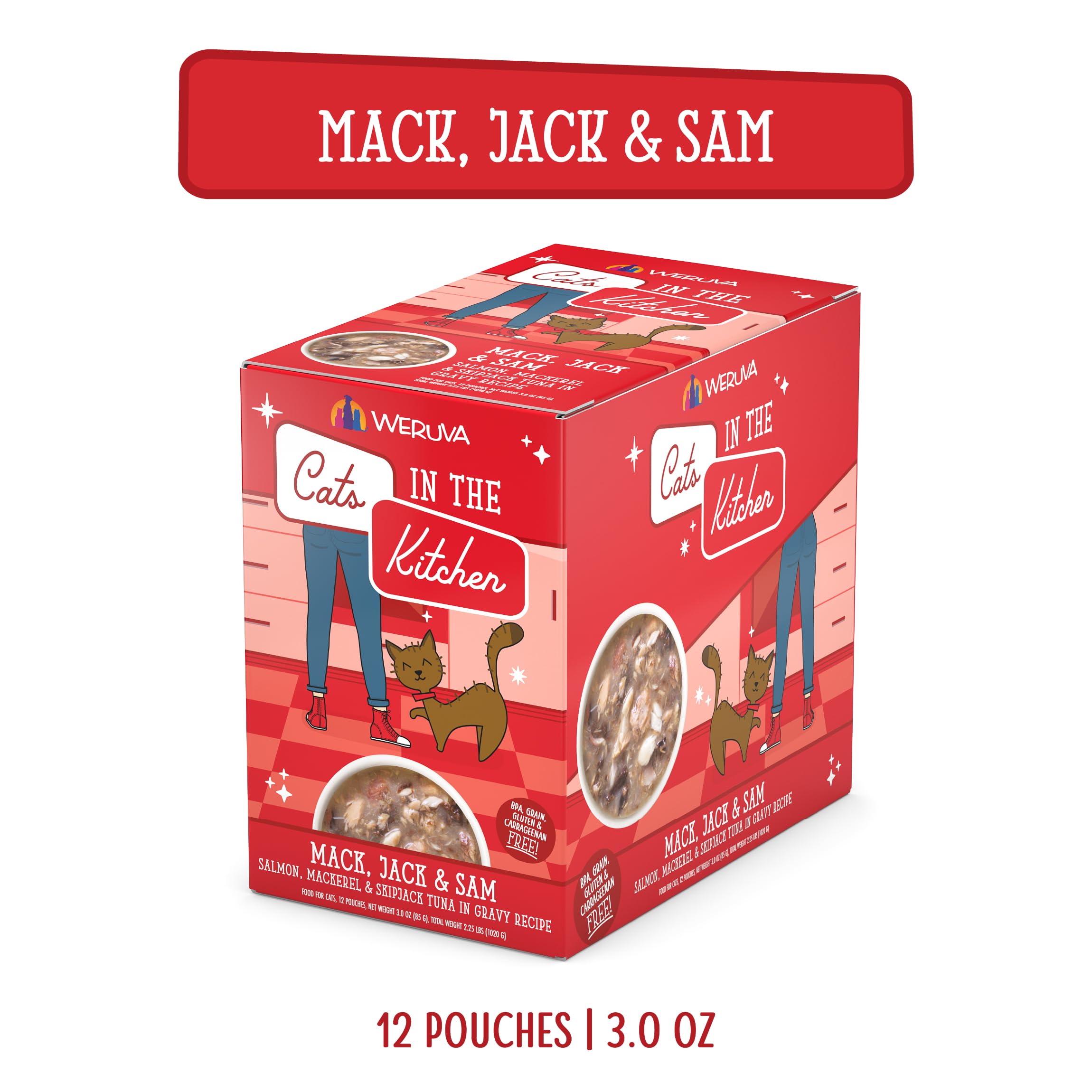 Weruva Cats in The Kitchen Mack, Jack & Sam with Mackerel, Skipjack & Salmon in Gravy Cat Food, 3oz Pouch (Pack of 12)