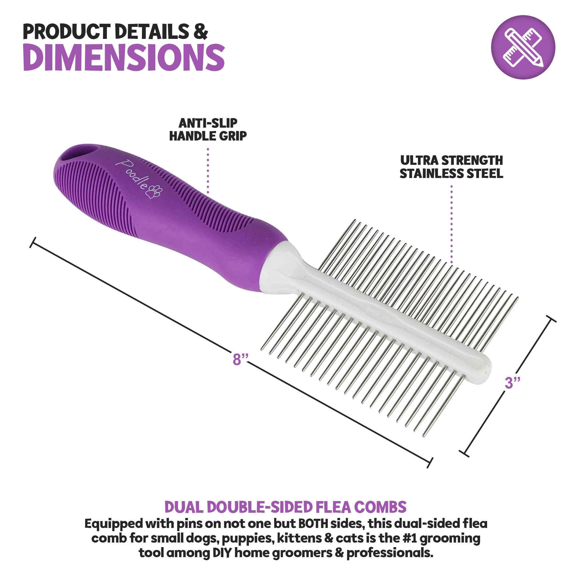 Pet Comb For Grooming & Massaging - Fur Detangling Pins & Smoothing Slicker Bristles, Dual-Sided Brushing For Dogs, Cats & Animals