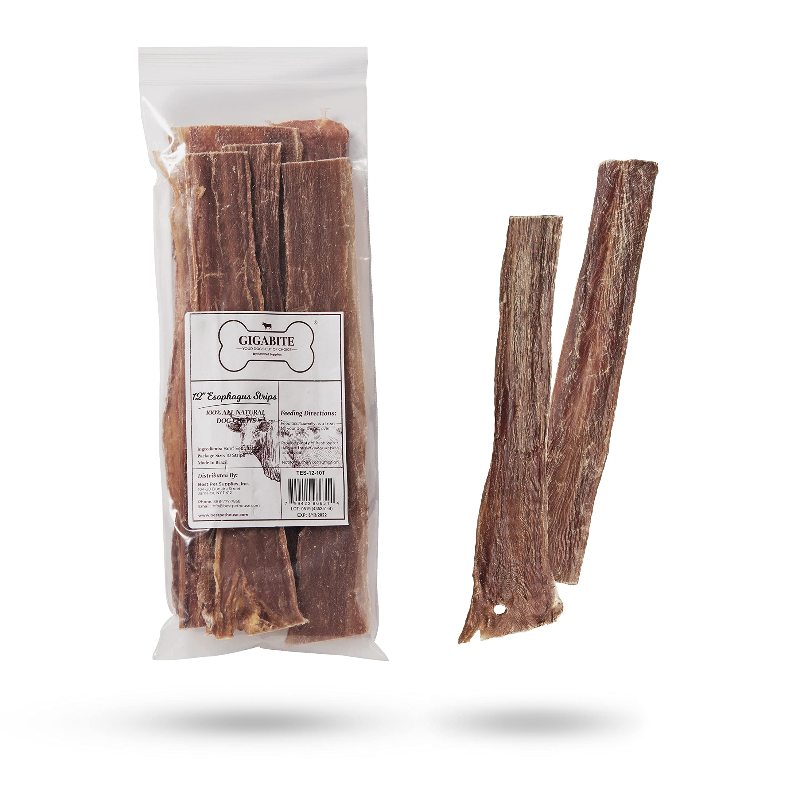 Best Pet Supplies GigaBite 12 Inch Beef Esophagus Dog Treat Strips by - Pack of 10, TES-12-10