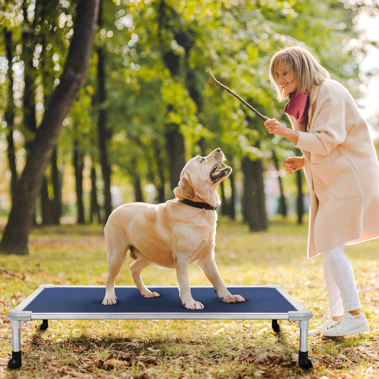 Veehoo Chew Proof Elevated Dog Bed - Cooling Raised Pet Cot - Silver Aluminum Frame And Durable Textilene Mesh Fabric, Unique Designed No-Slip Feet For Indoor Or Outdoor Use, Beige Coffee, Large