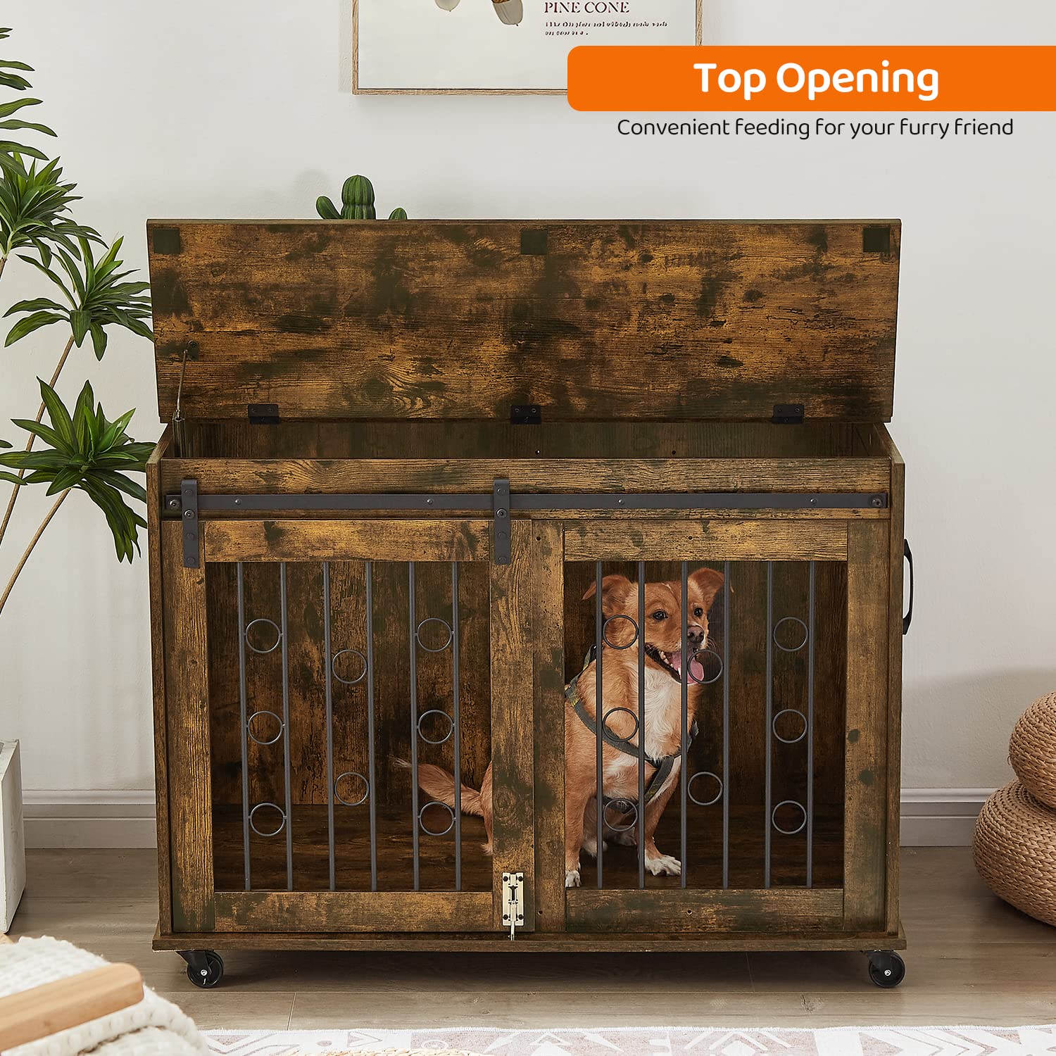 IchbinGo Dog Crate Furniture with Sliding Barn Door, 39  Wooden Dog Kennel End Table with Wheels and Flip-top Plate Dog House wi
