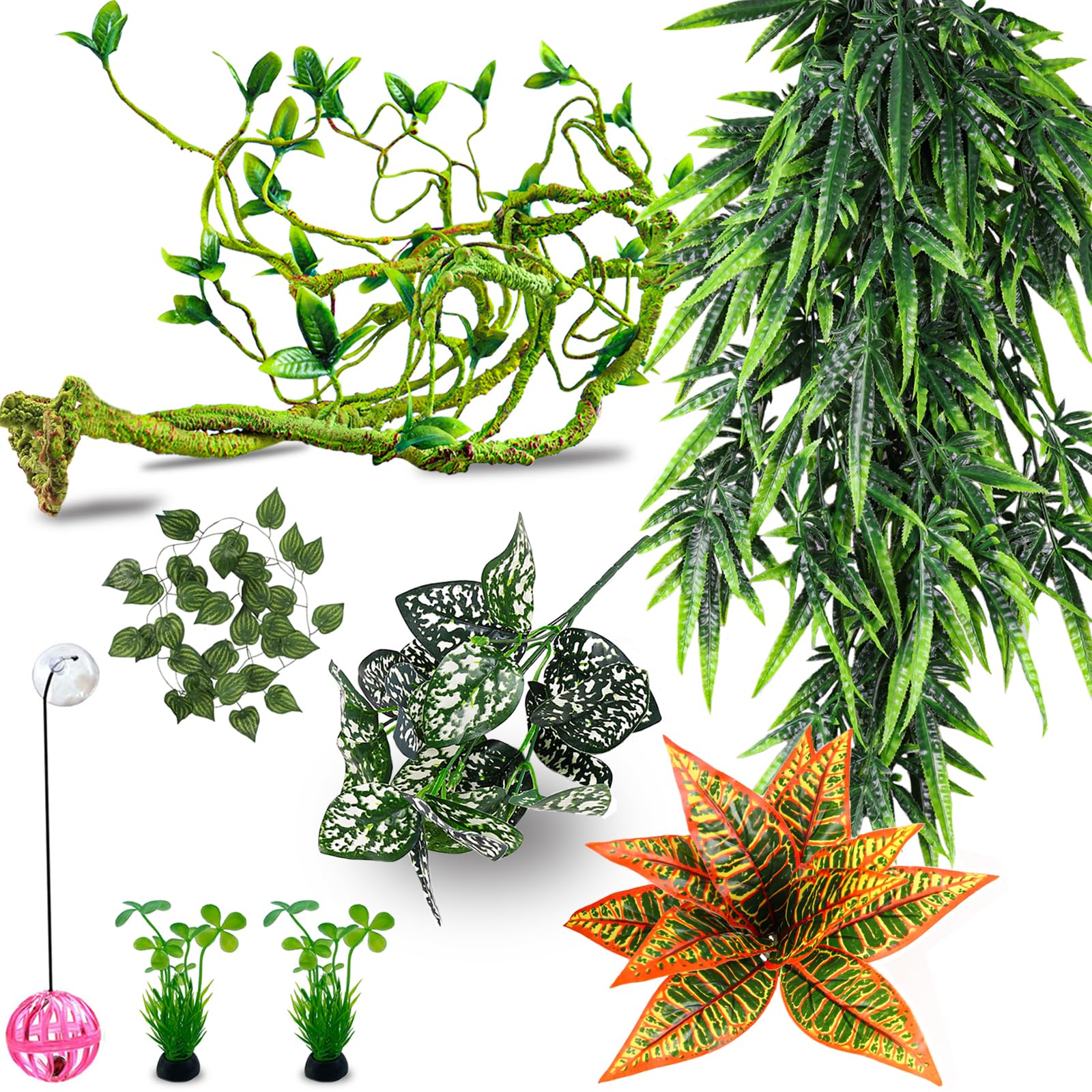 Mechpia Repitle Plants for Terrarium, Terrarium Hanging Plants Artificial Leaves Reptile Hide Flexible Jungle Vines Tank Accesso