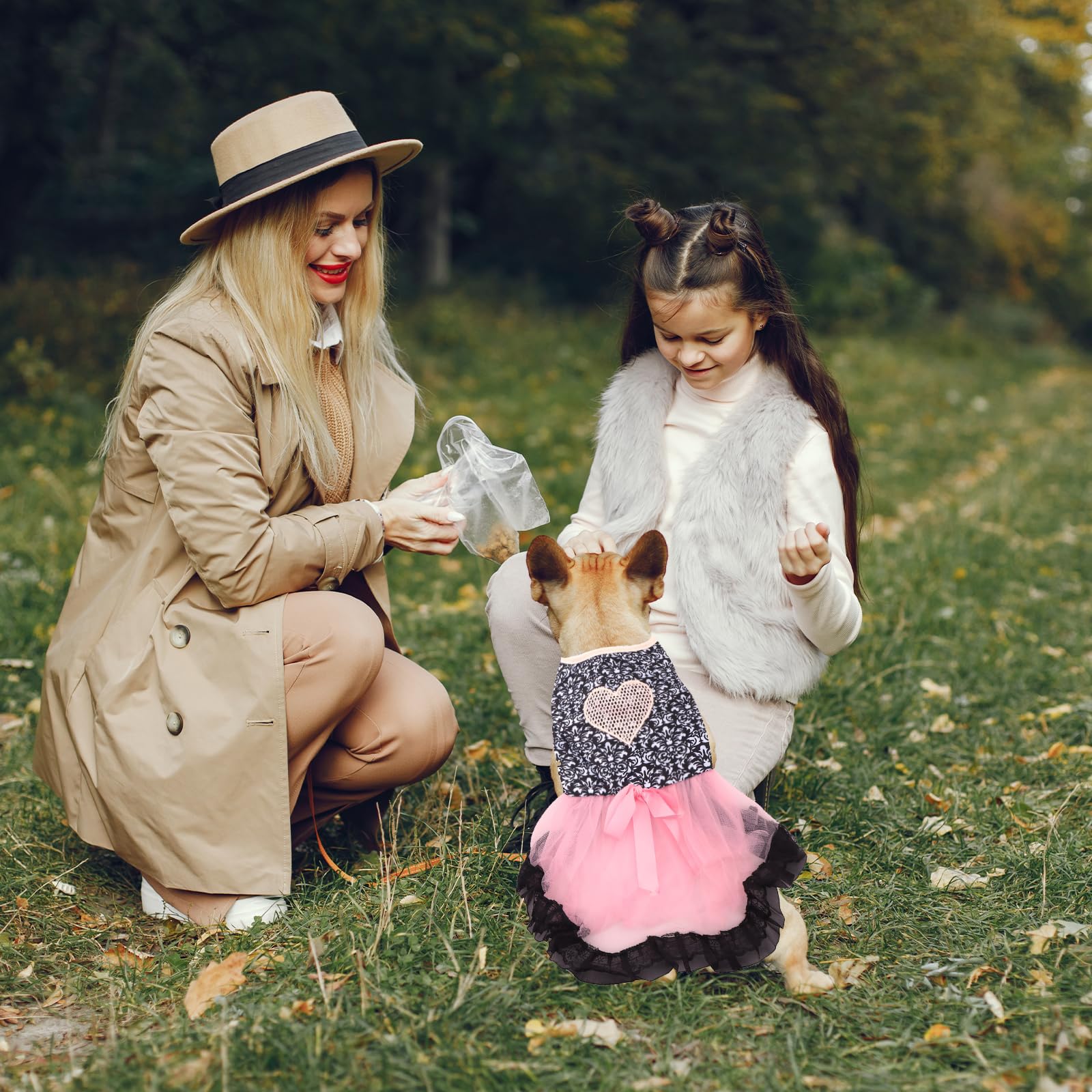 Dog Costume Dress M, Black Floral Top With Pink Tulle Skirt And Bow, Glitter Heart Pet Outfit For 8-9 Lbs Dogs And Cats, Romanti