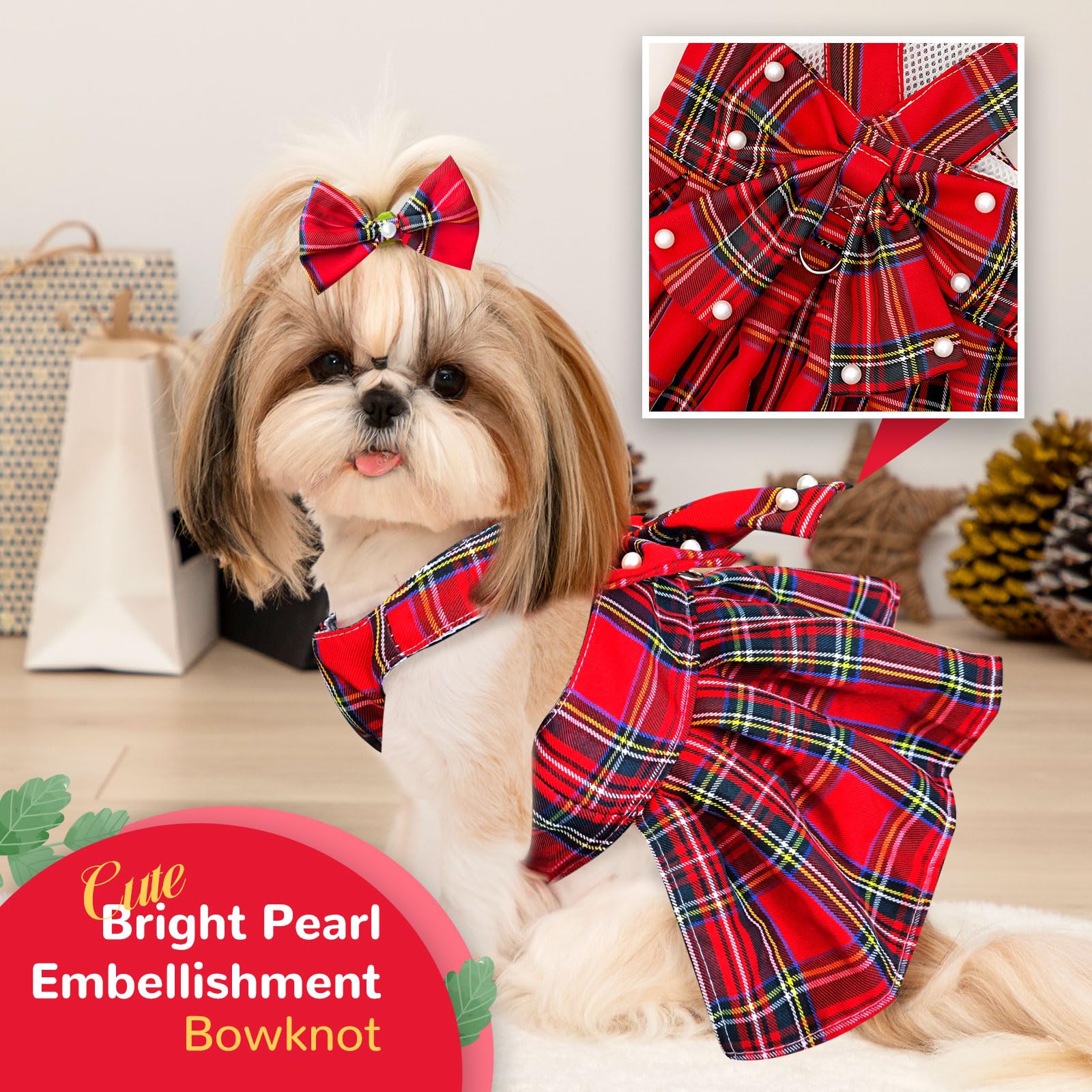 Petcare Cute Dog Dress Clothes For Small Dogs Cats Girl Female Red Plaid Bow Tie Dog Harness Dresses Leash Set With Pearls Bow A