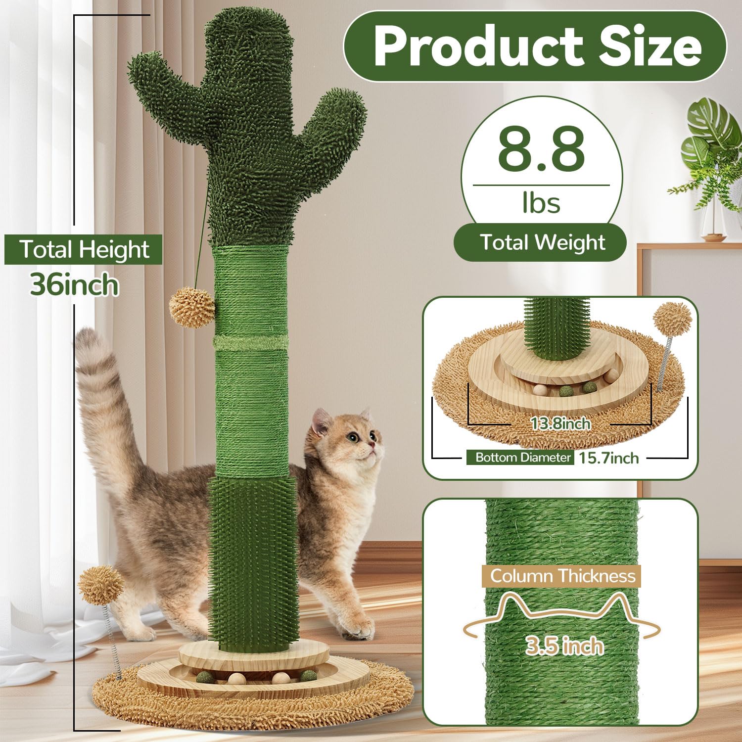 Otob 36' Tall Cat Cactus Scratching Post, Natural Sisal Rope Cat Scratcher Post, Vertical 6-In-1 Interactive Turntable Cat Scra