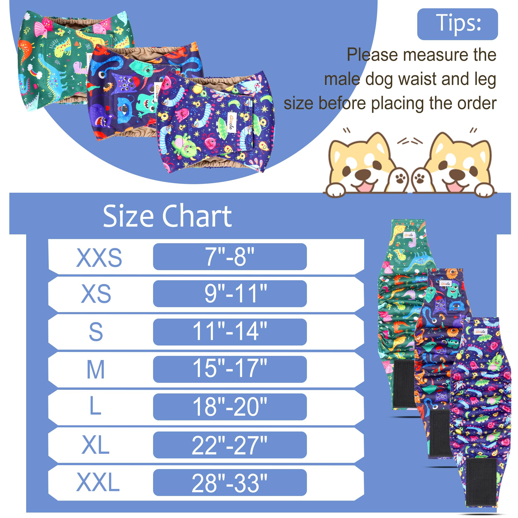 Grecle Reusable Dog Diapers Male 3Pcs, Premium Washable Belly Band for Male Dogs Small, High Absorbing Male Dog Wraps for Doggie