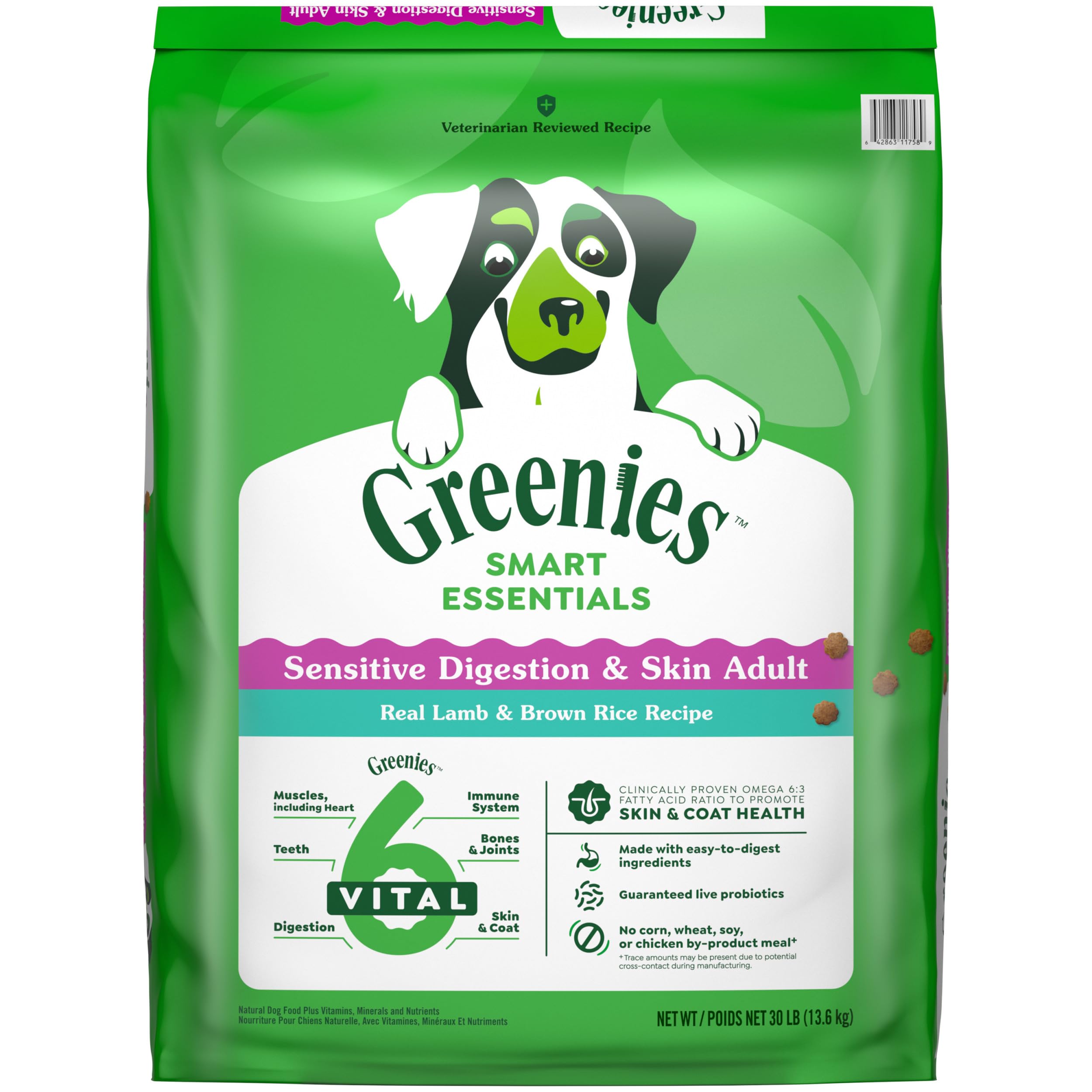 Greenies Smart Essentials Sensitive Digestion & Skin Adult Dry Dog Food Real Lamb & Brown Rice Recipe, 30 lb. Bag