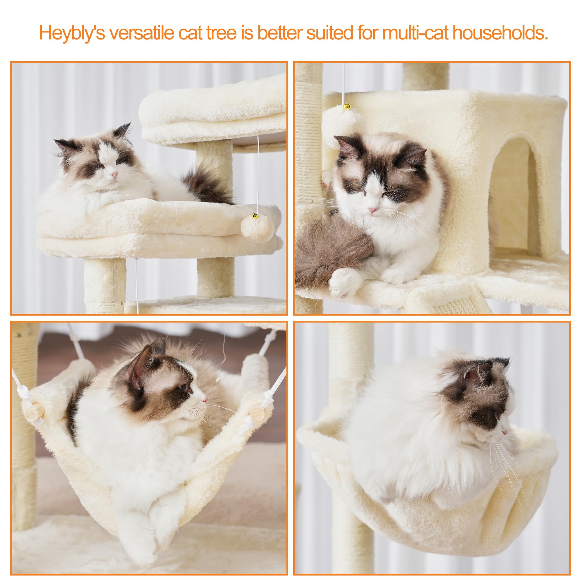 Heybly Cat Tree - 71-Inch Beige Tower with 2 Perches, 2 Condos, Hammocks, Scratching Pad, Engineered Wood, Model HCT034M