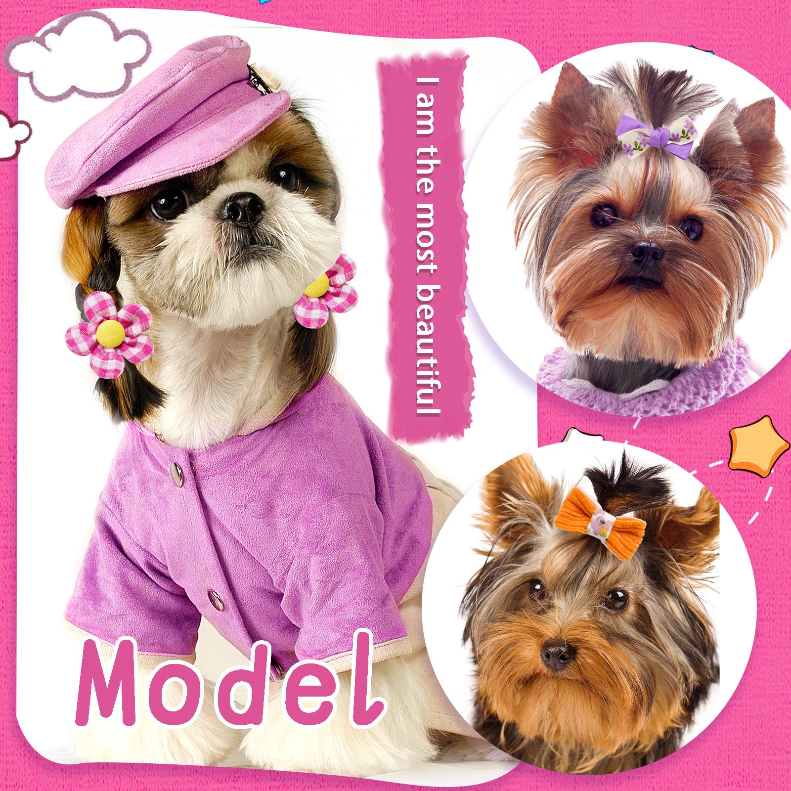 Mruq Small Dog Hair Bows With Rubber Bands, Mix Handmade Cute Puppy Gooming Flower Ball Bows For Holiday Daily Accessories (A339