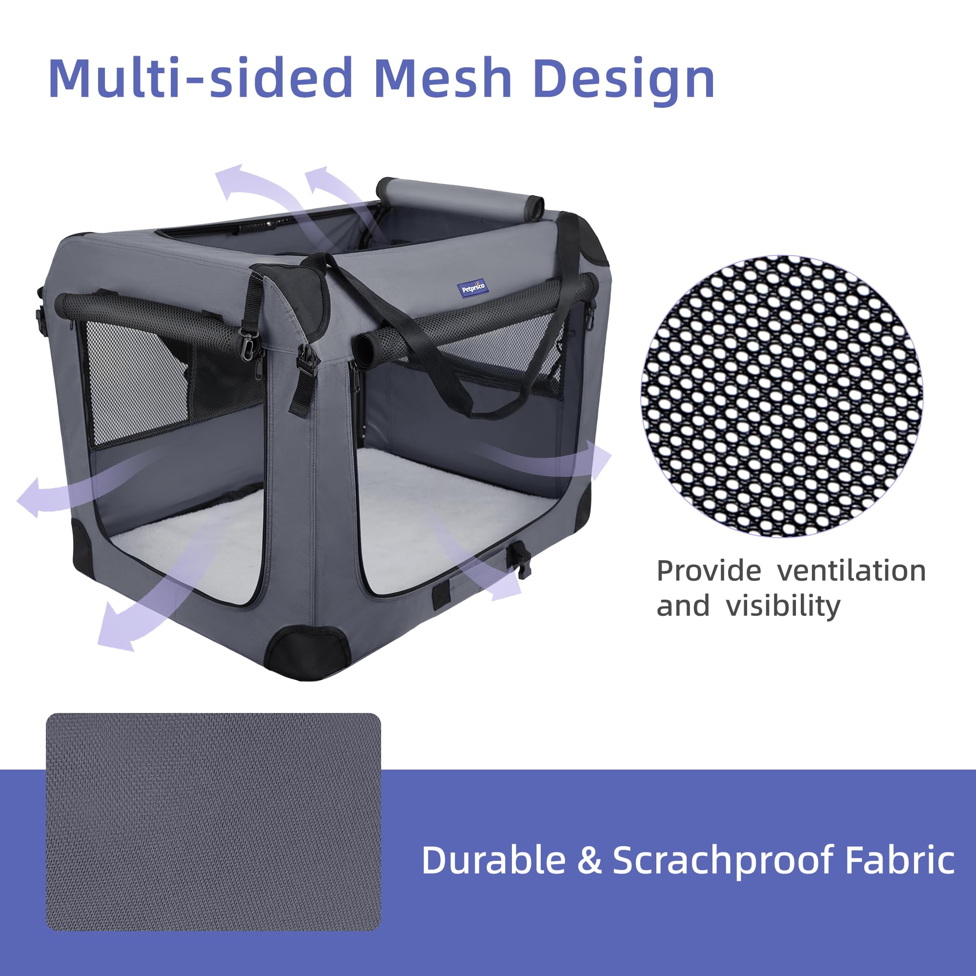 Petprsco 40 Inch Collapsible Dog Crate, Portable Dog Crates For Large Dogs, Xl Dog Crate For Travel, 3 Door Soft Dog Kennel With