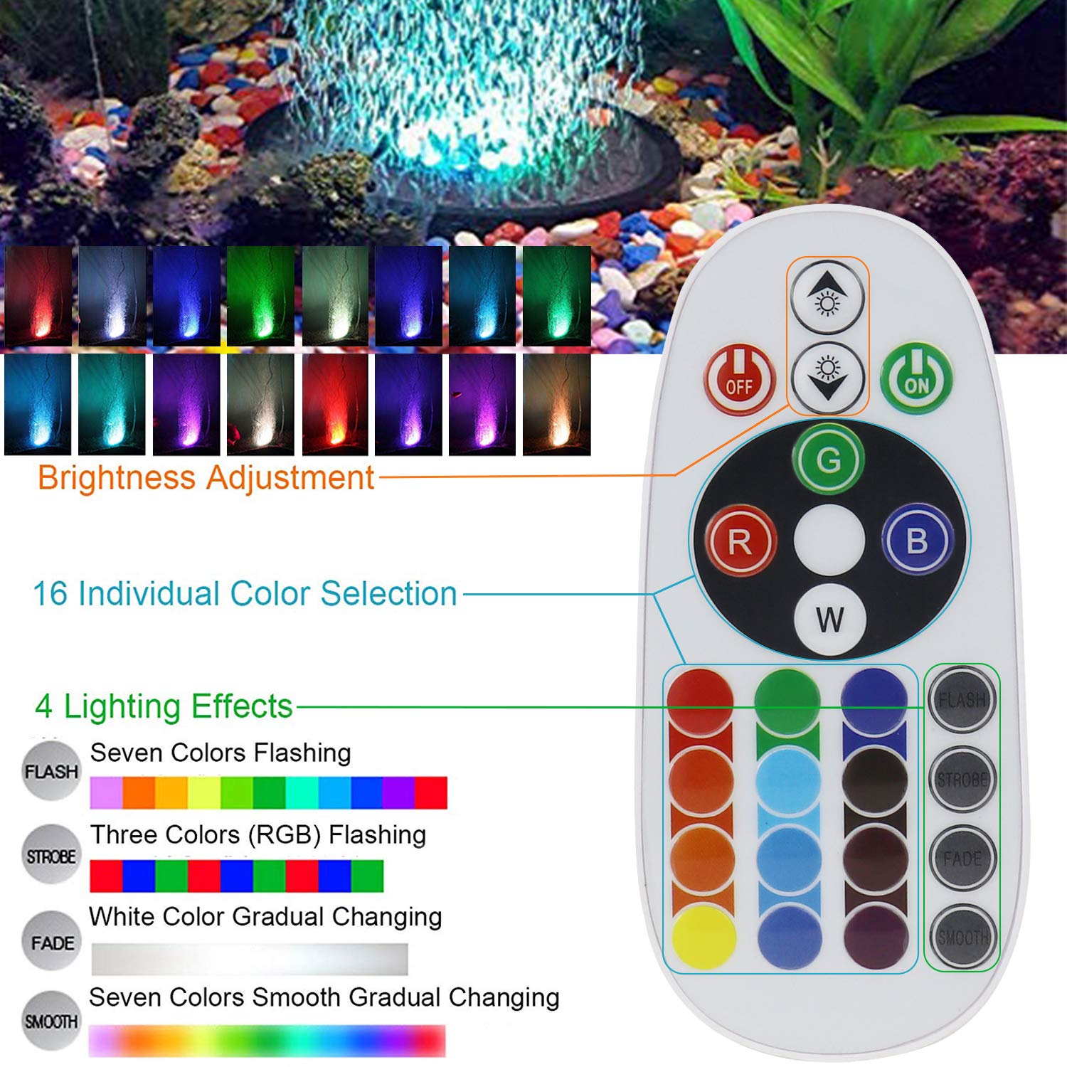 Topbry Aquarium Bubble Led Lights Rgbw, Remote Controlled Air Stone Disk, With 16 Color Changing, 4 Lighting Effects For Fish Ta