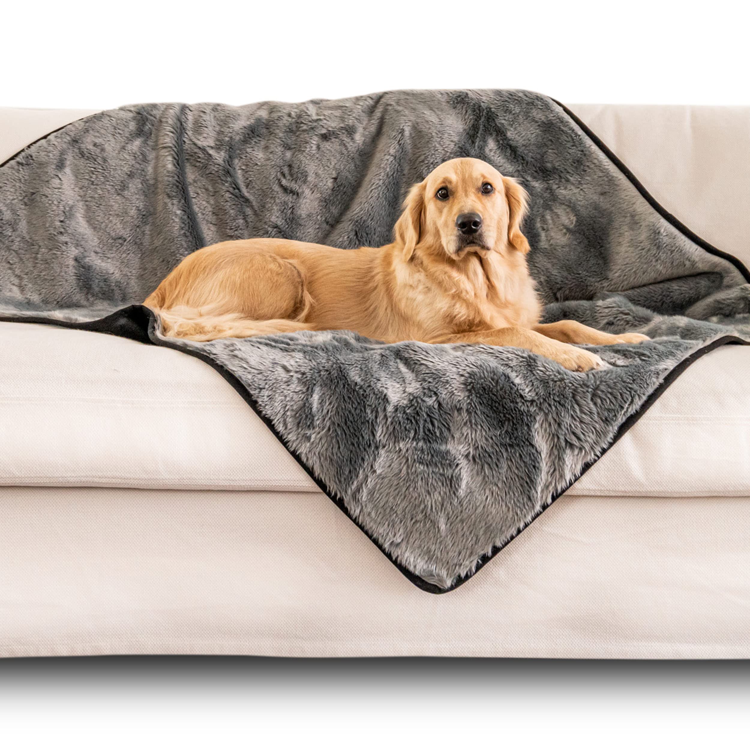 PAW BRANDS Waterproof Dog Blanket - Charcoal Grey Faux Fur 60 x 50 Machine Washable Pet Throw for Large Dogs & Couch Protection