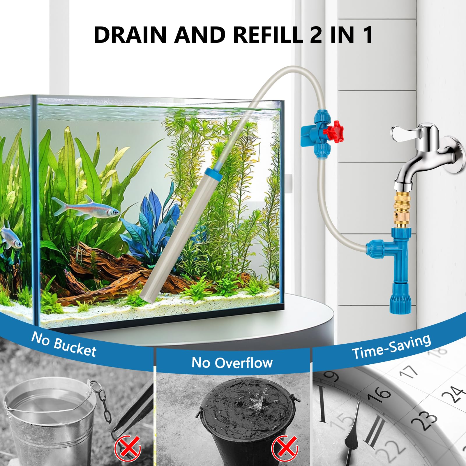 fishkeeper 25FT/50FT Aquarium Gravel Vacuum Water Changer - Flow Adjustable Faucet Universal Siphon Quick Pump with 6 Adapters,