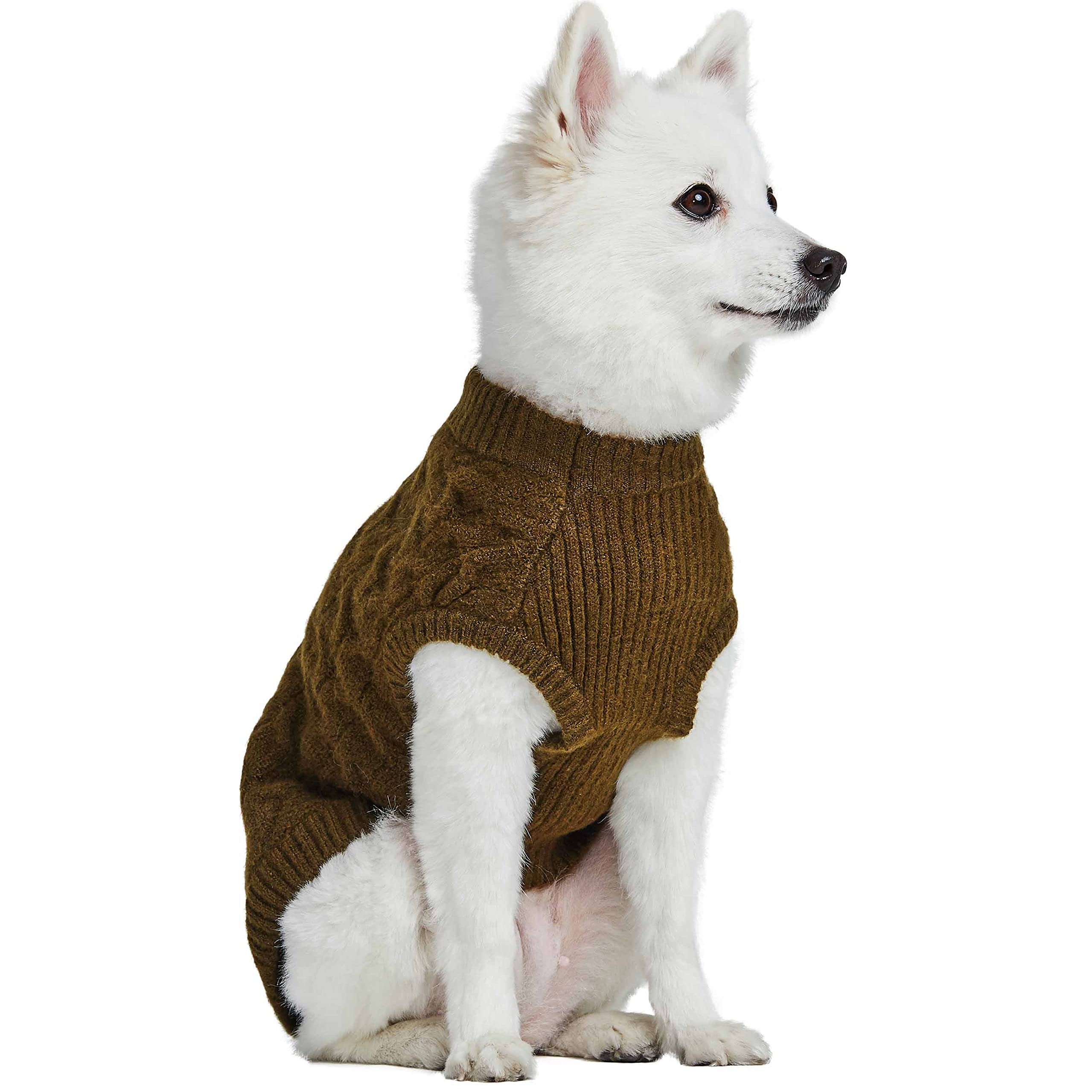 Blueberry Pet Classic Fuzzy Textured Knit Pullover Crew-Neck Dog Sweater In Dark Olive, Back Length 22', Pack Of 1 Clothes For Dogs