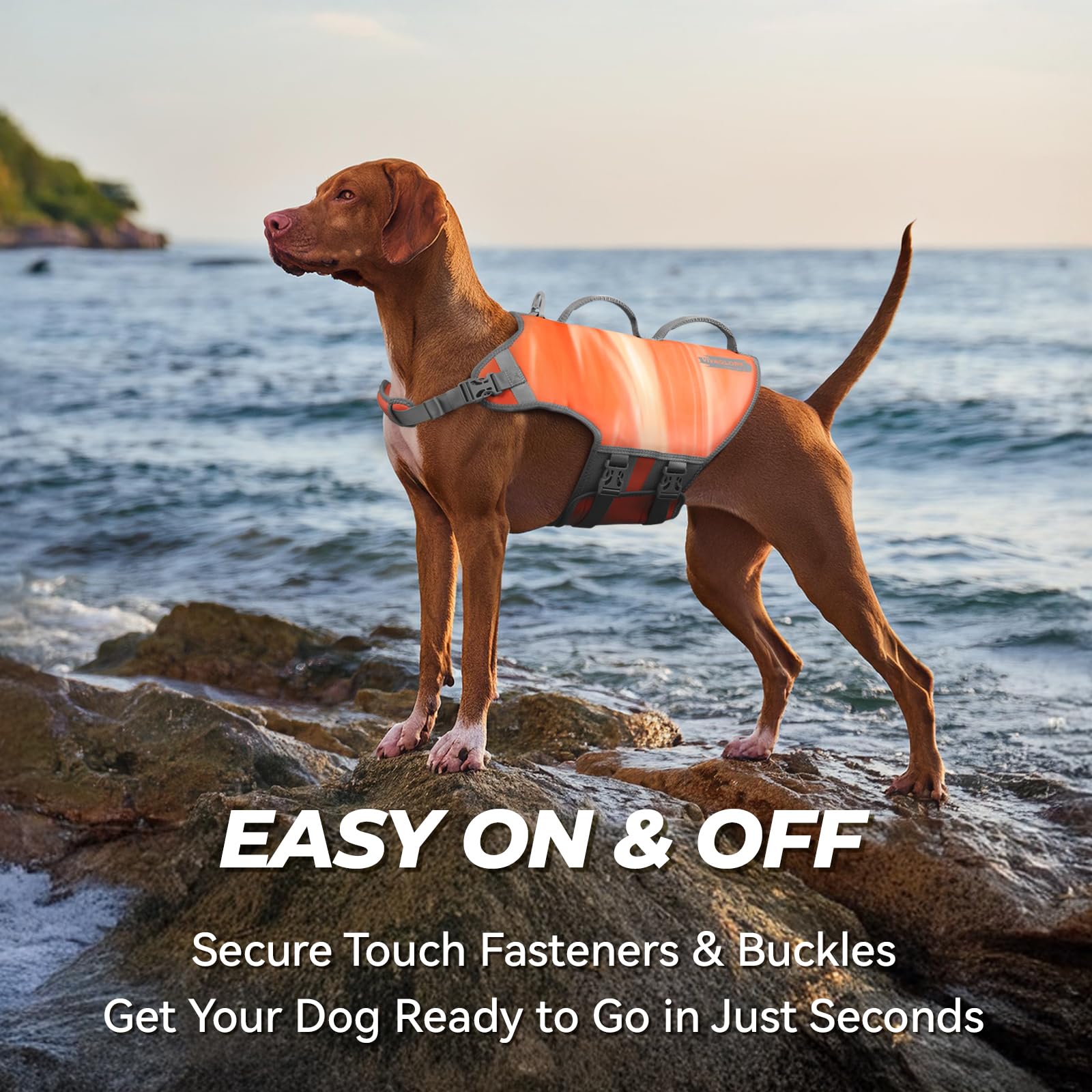 Vivaglory Neoprene Dog Life Jacket Dog Water Vest For Boating Hunting & Swimming, Lightweight With Leash Ring, Xl, Orange Sunset
