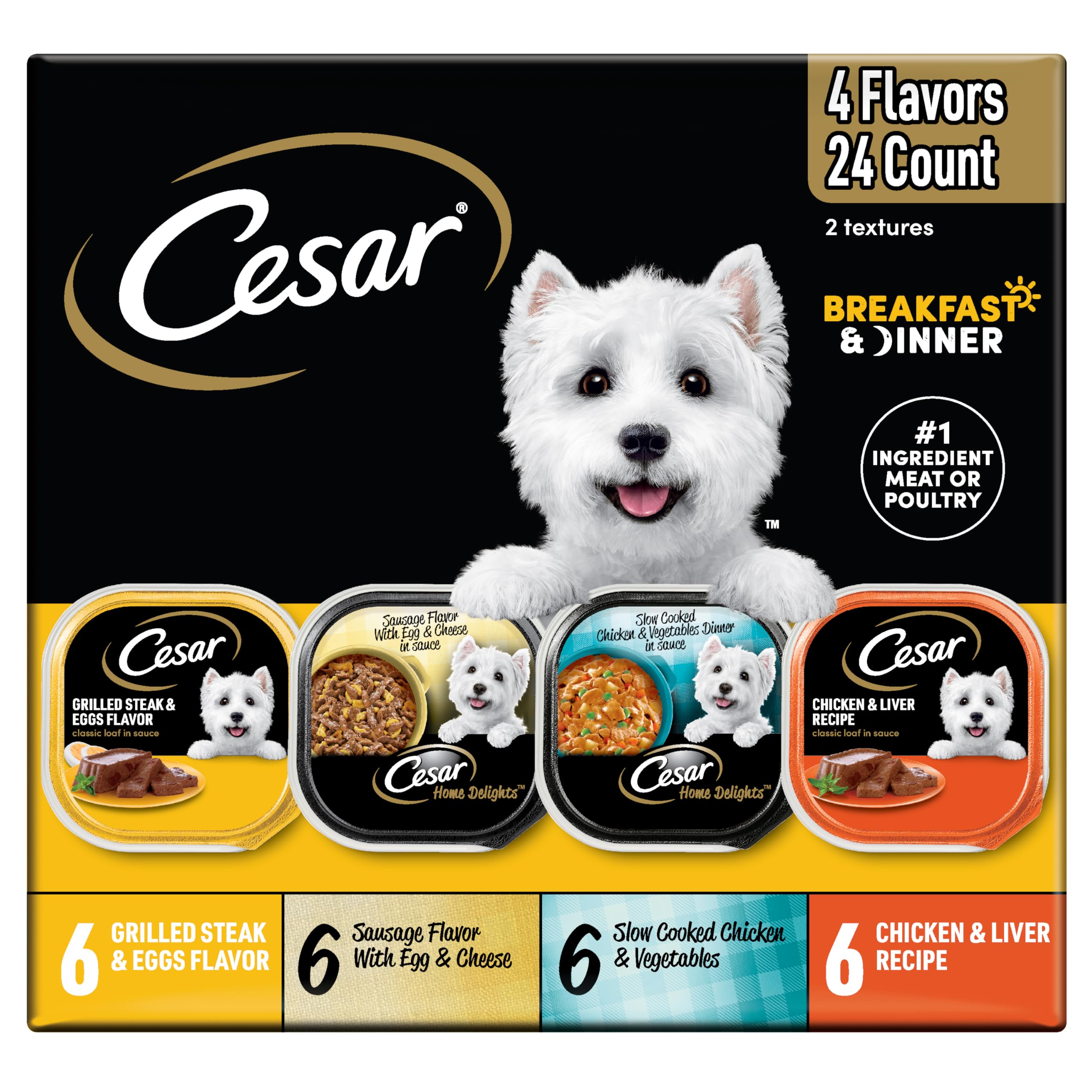 Cesar Wet Dog Food Home Delights & Classic Loaf in Sauce, Breakfast & Dinner Variety Pack, 3.5 oz. Easy Peel Trays (24 Count, Pa