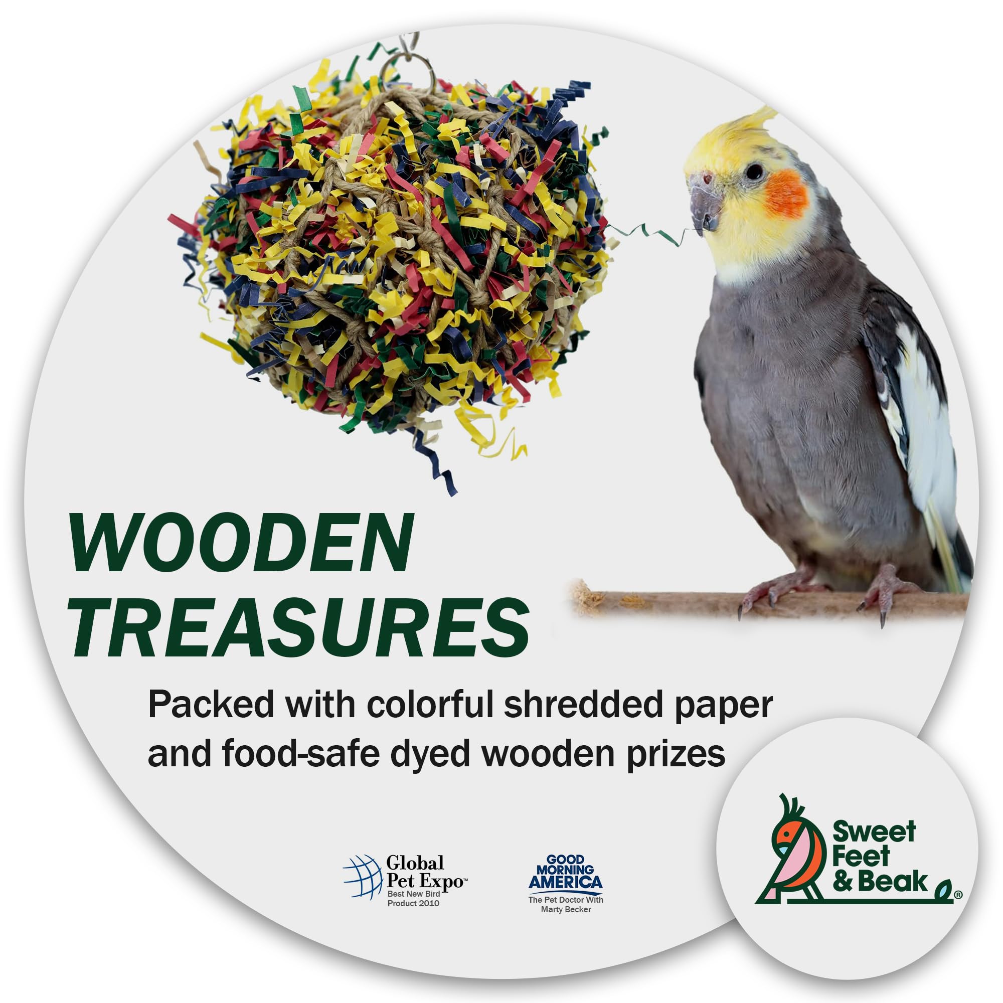 Sweet Feet And Beak Super Shredder Ball - Bird Cage Accessories To Keep Your Bird Busy Foraging For Hidden Treasures - Non-Toxic, Easy To Install Bird Foraging Toys For Medium Sized Birds - 5 Inch