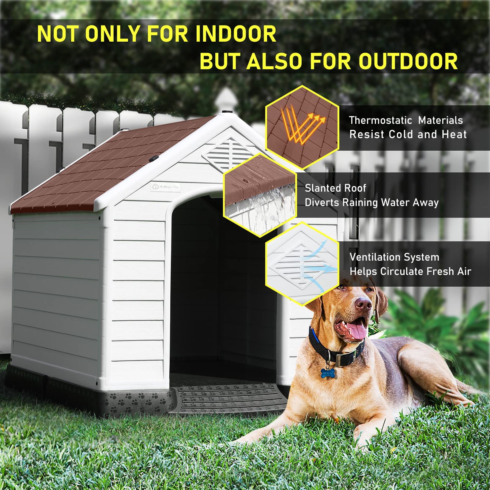 Lemberi Durable Waterproof Plastic Dog House For Small To Large Sized Dogs, Indoor Outdoor Doghouse Puppy Shelter With Elevated