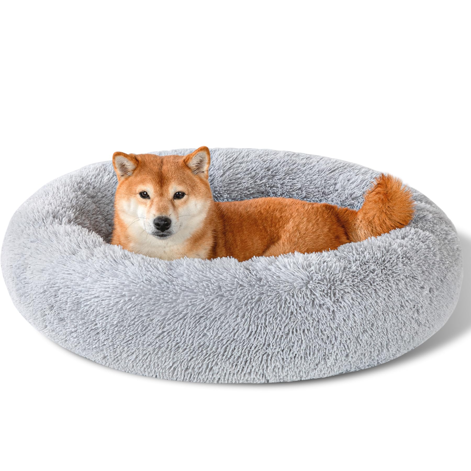 Dog Calming Beds For Small Medium Dogs - Round Donut Washable Dog Bed, Anti-Slip Faux Fur Fluffy Donut Cuddler Anxiety Cat Bed(L