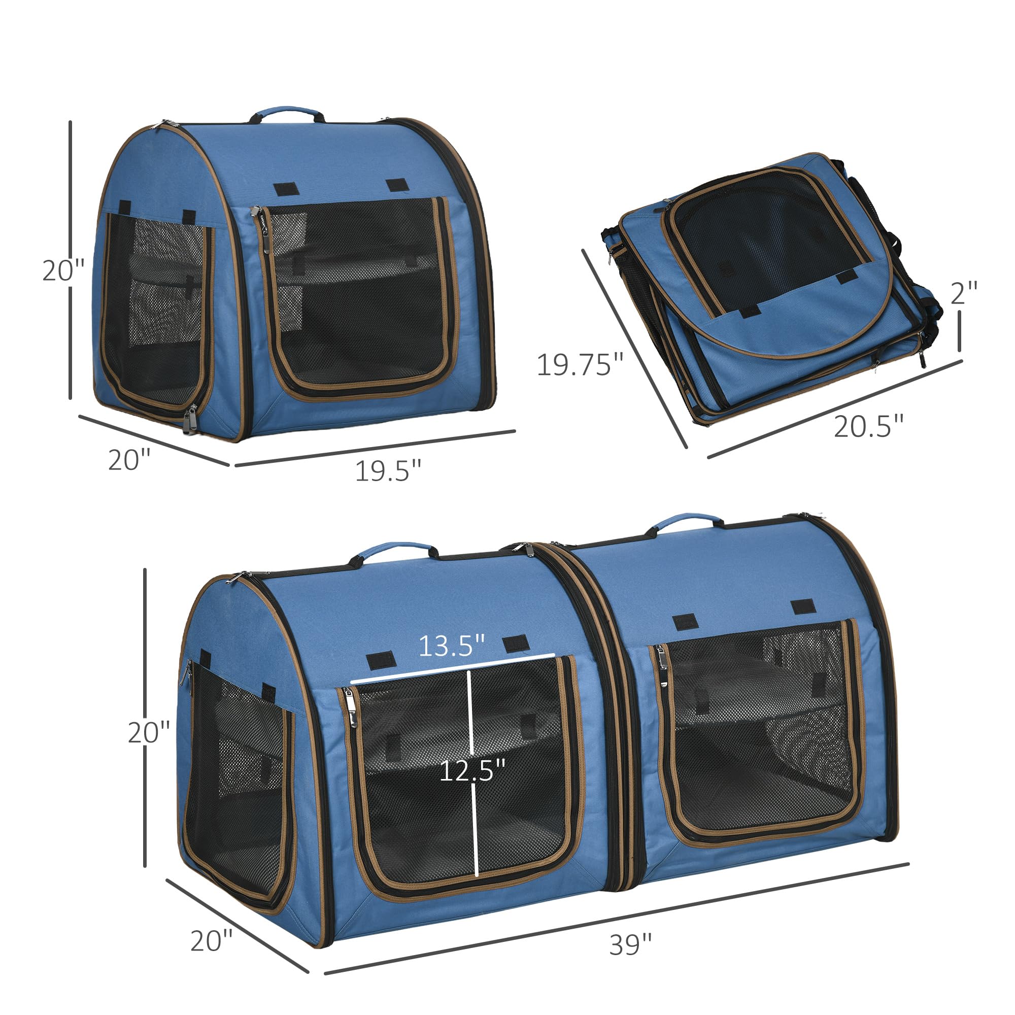 Pawhut 39' Portable Soft-Sided Cat Carrier, Travel Pet Carrier With Divider, Two Compartments, Soft Cushions, & Storage Bag, Blue