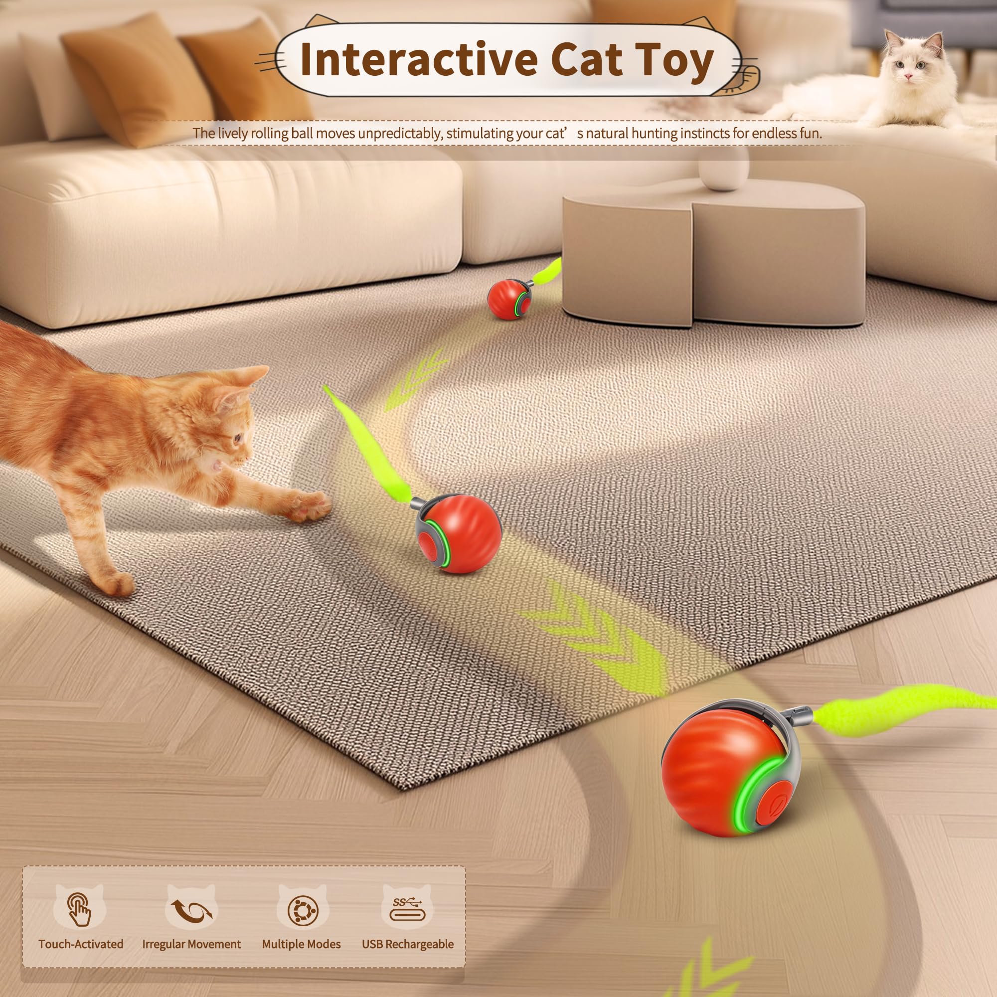 Qkoqko Speedy Tail 2.0 Interactive Cat Toy - Smart Self-Rolling Cat Ball With Feather Tail, Automatic Moving Motorized Toy For I