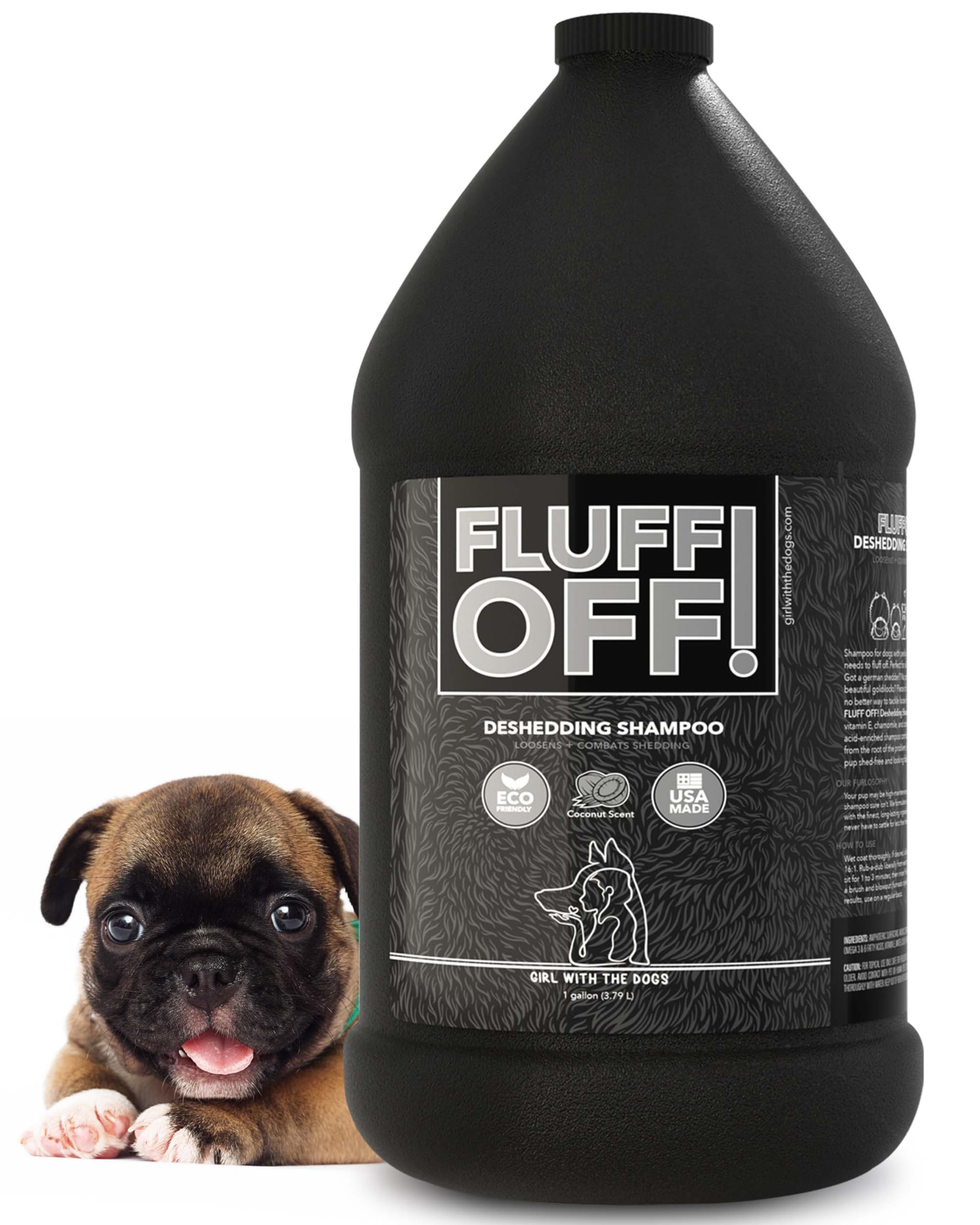 Fluff Off! by Girl With The Dogs, Natural Deshedding Dog & Cat Shampoo, 1 Gal, Made in USA, 8 Wks+