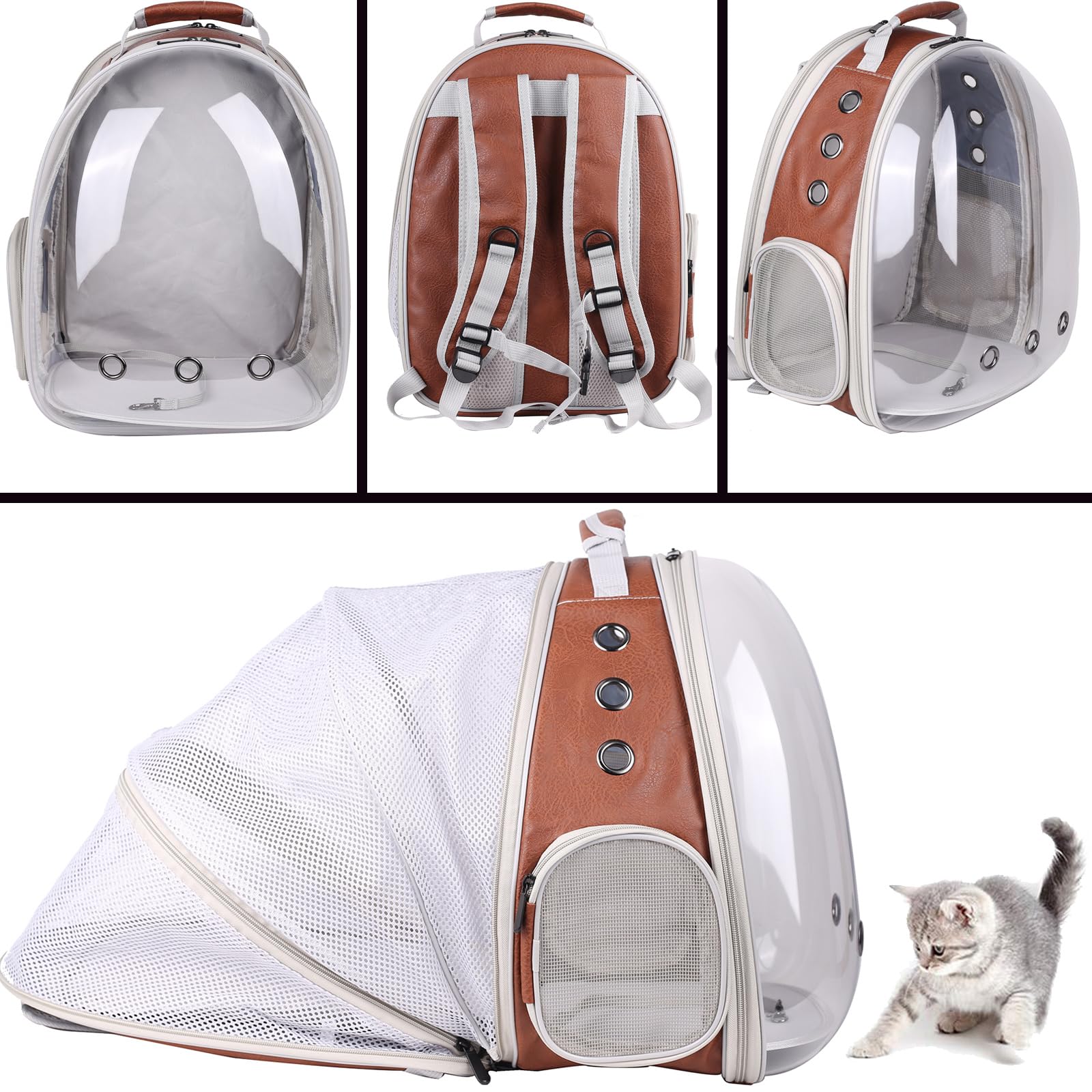 Back Extension Space Capsule Clear Bubble Window Cat Backpack Carrier For Traveling And Hiking, Expandable Kitten Book Bag, Pu L