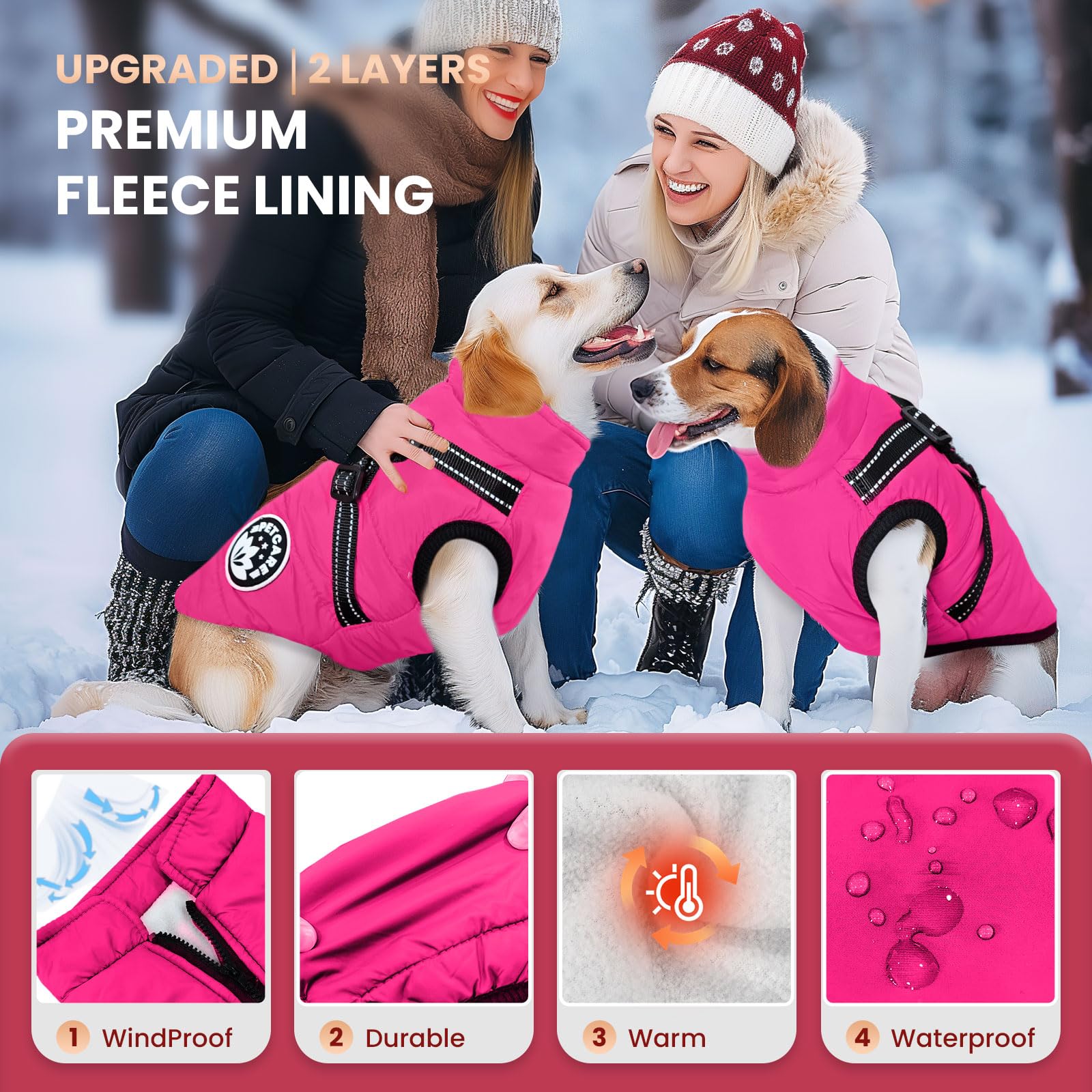 Petcare Winter Dog Coat - Built-In Harness, Waterproof, Warm Fleece Vest, Snowsuit, Reflective, Cold Weather Coats - Small To La