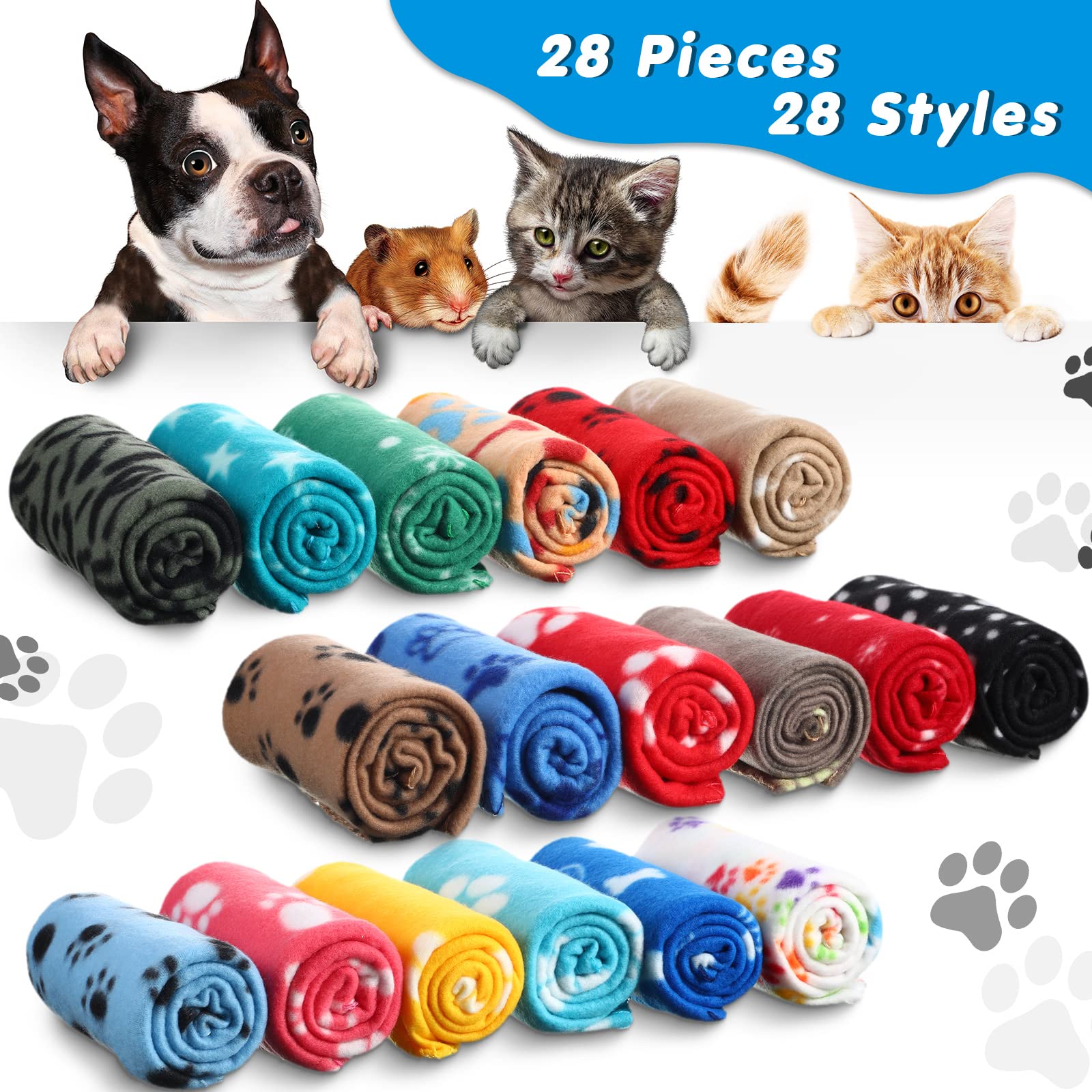 Chumia 28 Pieces Puppy Blanket Bulk Small Fleece Pet Blanket For Puppy Dogs Kitten Cats Pets Soft Warm Paw Print Sleep Mat Bed C
