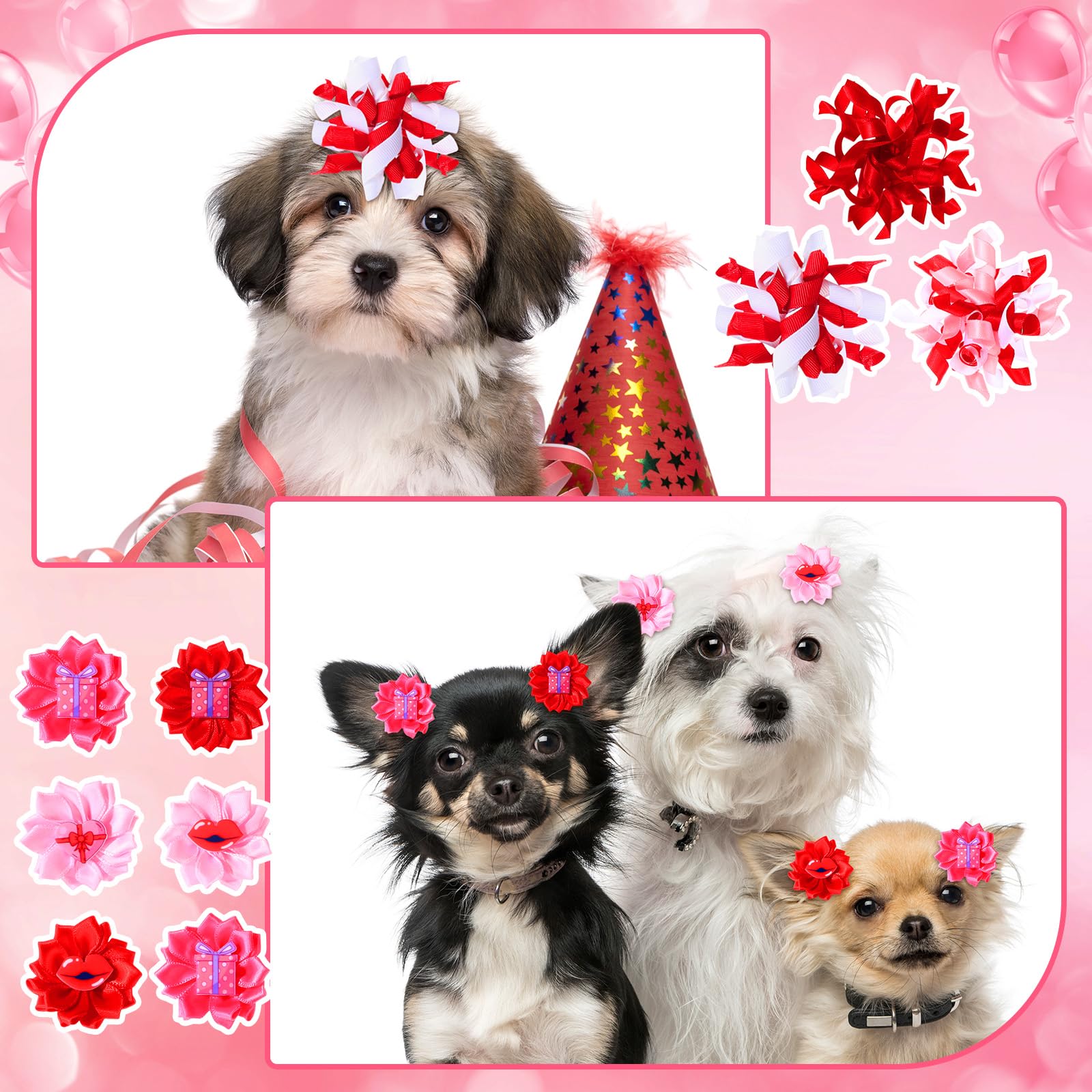 Wavwavw 52 Valentines Dog Hair Bows Bulk With Rubber Bands Valentine Heart Dog Grooming Bows Holiday Party Cute Pet Puppy Cat He