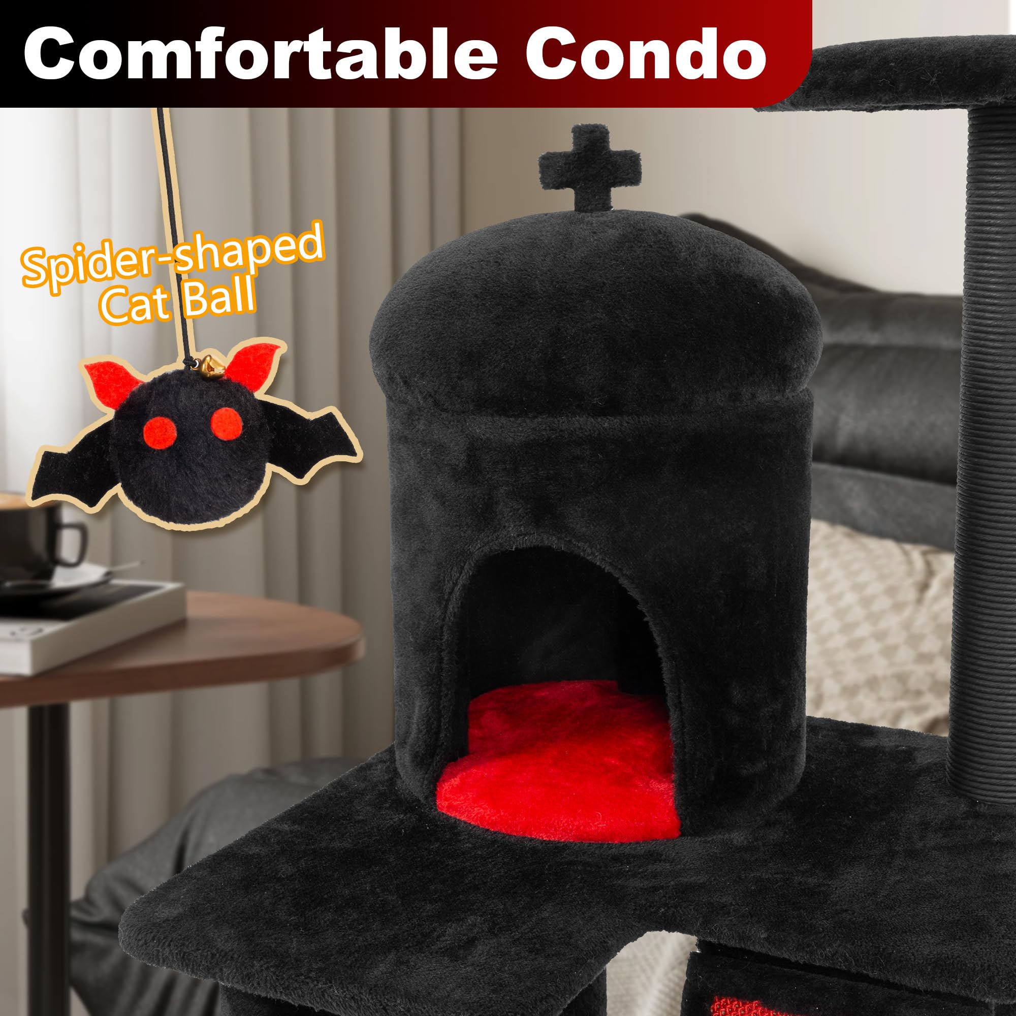 Kamaboko Gothic Cat Tree, 36.5In Black Cat Tower With Coffin Bed, Big Tall Cat Condo With Sisal Scratching Posts, Scratching Ram